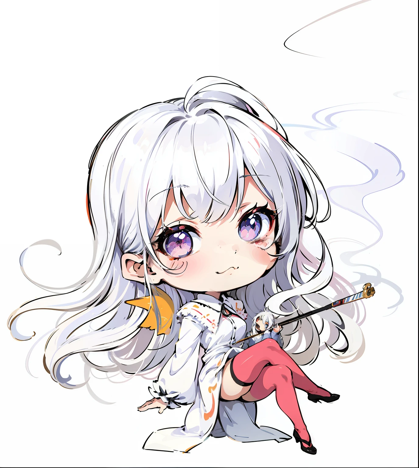 anime girl with a cigarette and a cigarette holder, nyaruko-san, a silver haired mad, white haired deity, white haired, chibi art, touhou character, white-haired, chibi, chibi girl, anime moe artstyle, zerochan art, chibi anime girl, neferpitou, koyoharu gotouge, anime chibi