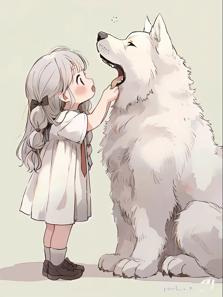 Anime girl petting white dog with tongue, Cute anime, Soft anime illustration, wolf companion, wolf like a human, wolf women, Holo is a wolf girl, by Kubisi art, author：Rei Kamoi, Cute anime style, Guviz, nyaruko-san, lovely art style, cute detailed artwork, anime visual of a cute girl，under the starry night sky