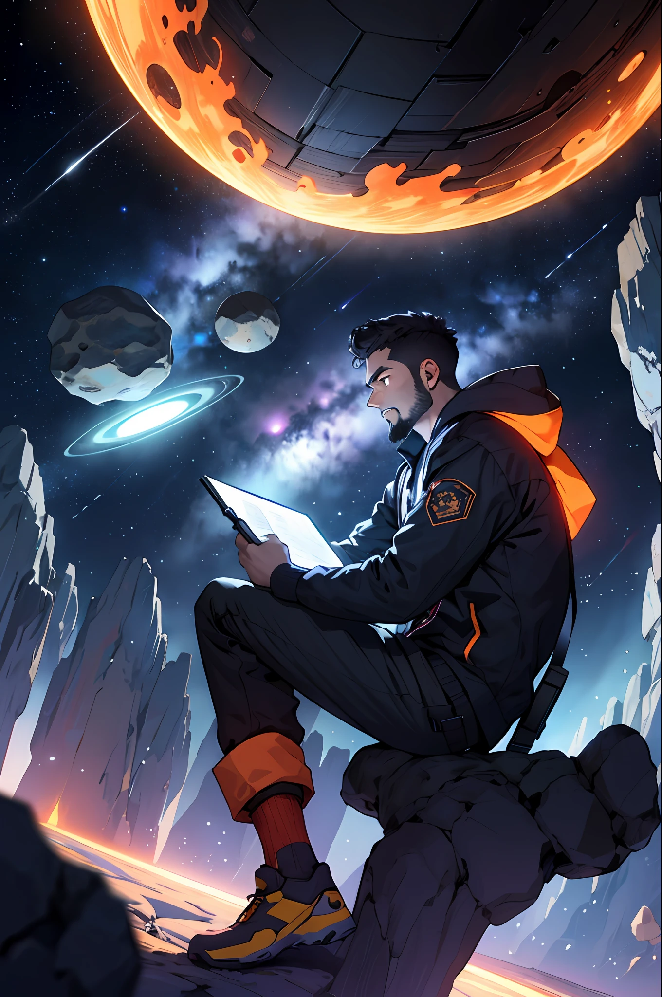 Draw a young programmer, sitting on a research platform floating in the middle of an asteroid belt. He is studying with a notebook, surrounded by several asteroids glowing with fiery auras. Dramatic lighting from distant stars and planets illuminates the scene, casting deep shadows on the suit. The young man looks confident and determined, looking at the vast and mysterious universe with wonder and respect,facial hair, cowboy shot,