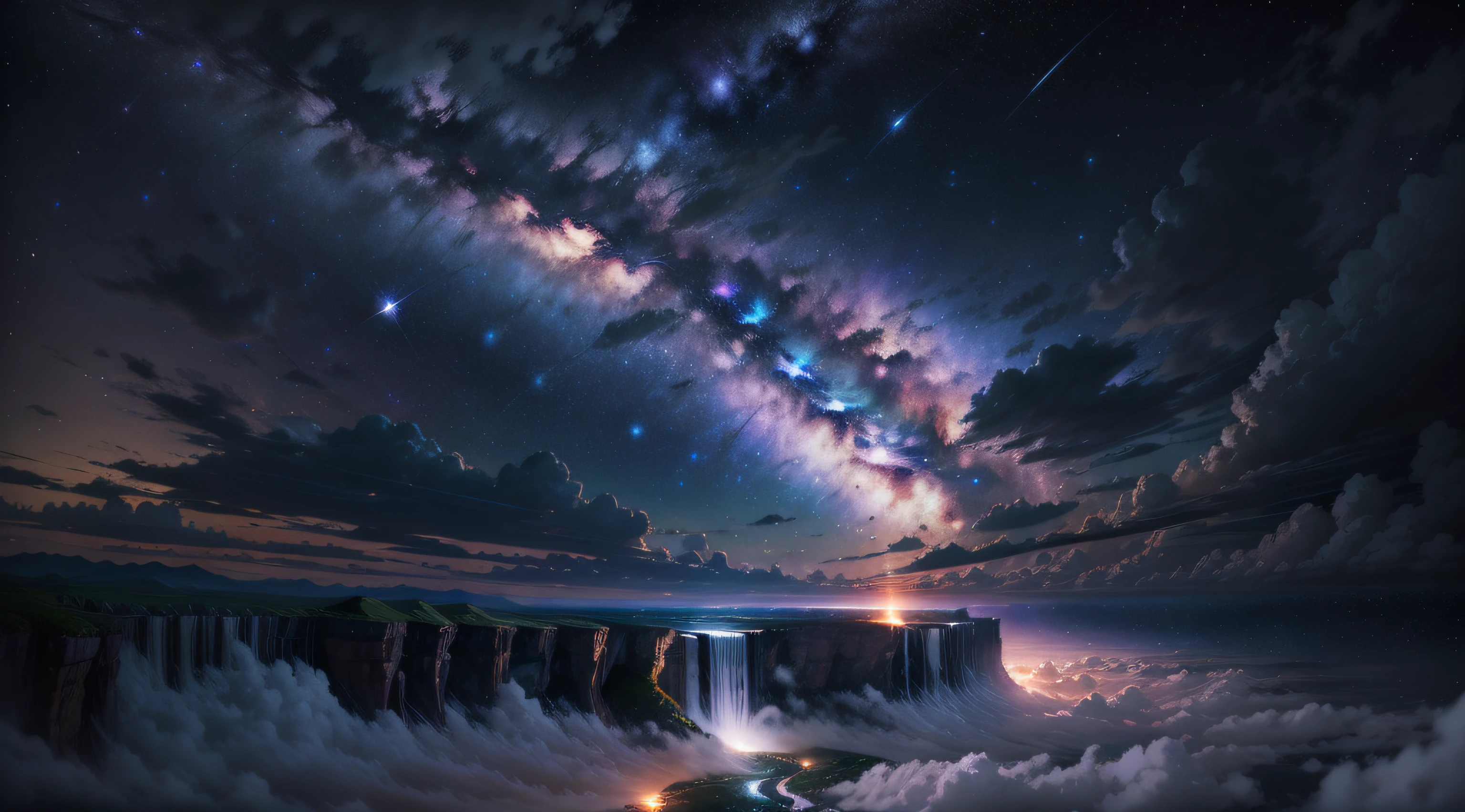 Ultra Wide Shot、on clouds、starrysky、A waterfall is flowing from the clouds、 Skysky, natta, ​​clouds, milkyway, Night sky above clouds, colorful scenery、natta、Milky Way Lots of Stars、Shining stars、８Ｋ、４Ｋ、超A high resolution