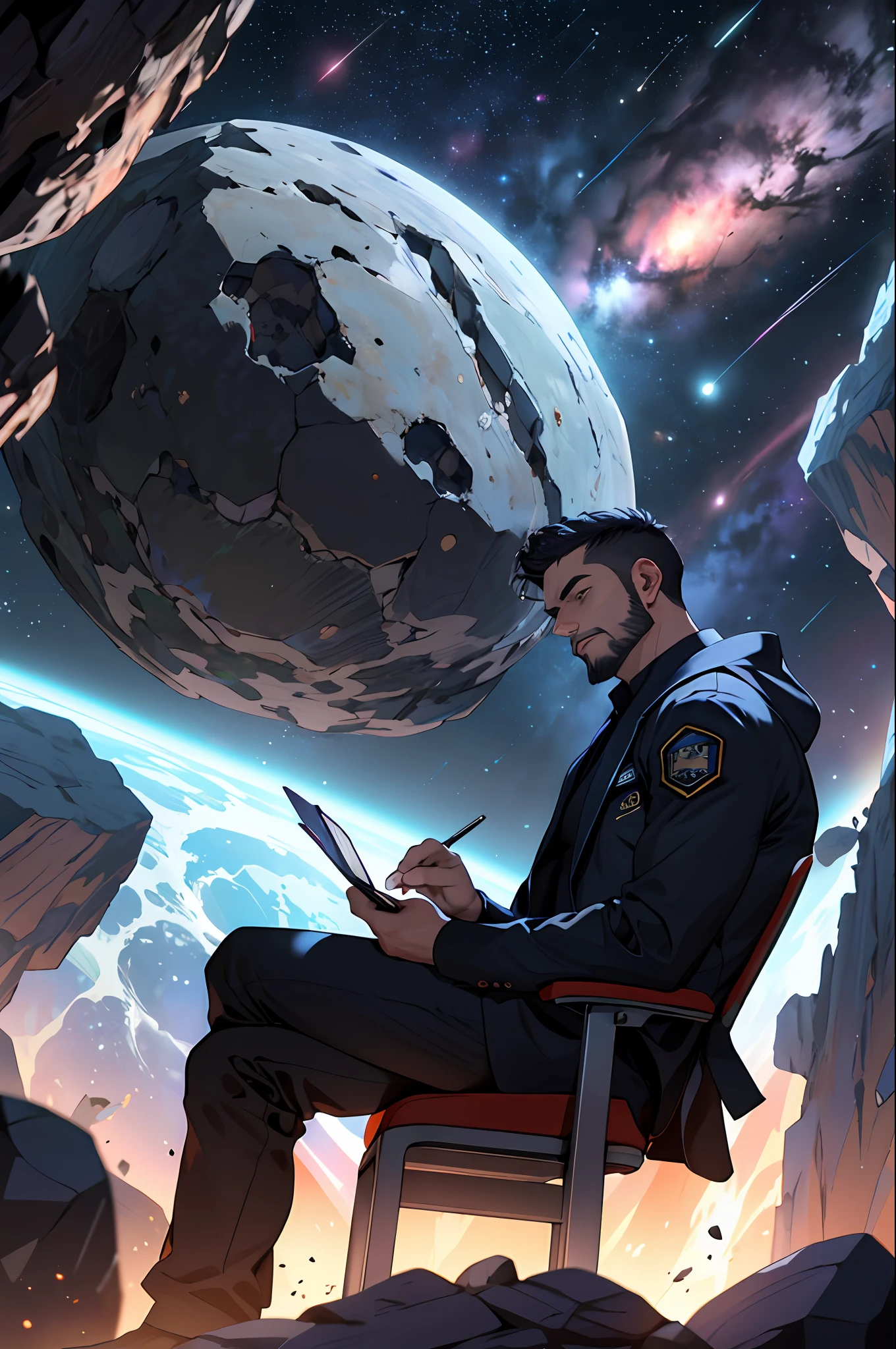 Draw a young programmer, sitting on a research platform floating in the middle of an asteroid belt. He is studying with a notebook, surrounded by several asteroids glowing with fiery auras. Dramatic lighting from distant stars and planets illuminates the scene, casting deep shadows on the suit. The young man looks confident and determined, looking at the vast and mysterious universe with wonder and respect,facial hair, cowboy shot,