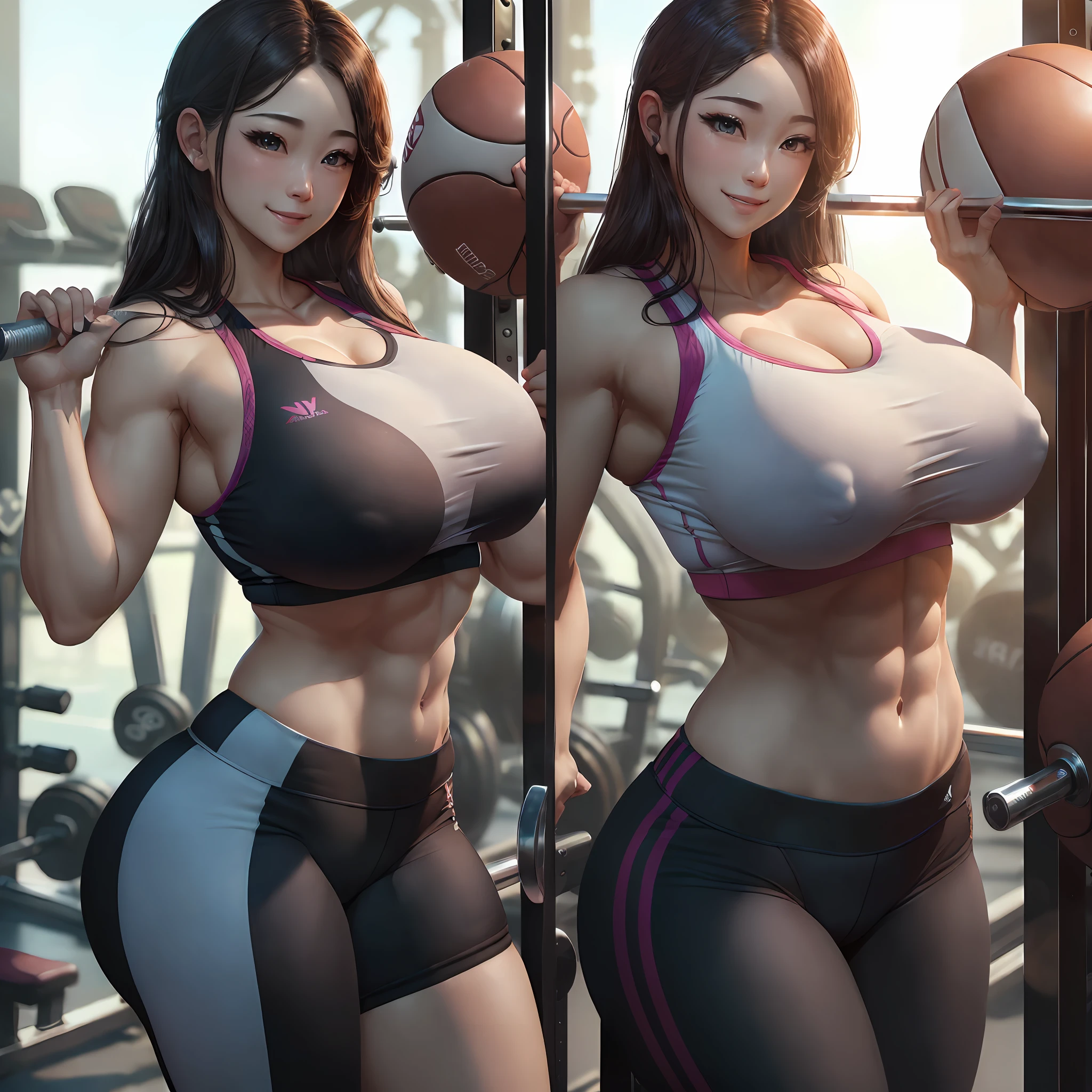 (A hyper-realistic), (hight resolution), (8K), (ighly detailed), (top-quality), (ultra-detailliert), (masterpiece), (gym), (详细的脸) ,(huge tit:1.4),ソロ1女の子,(((sports wear))), (bbw:1.1),a smile, --auto