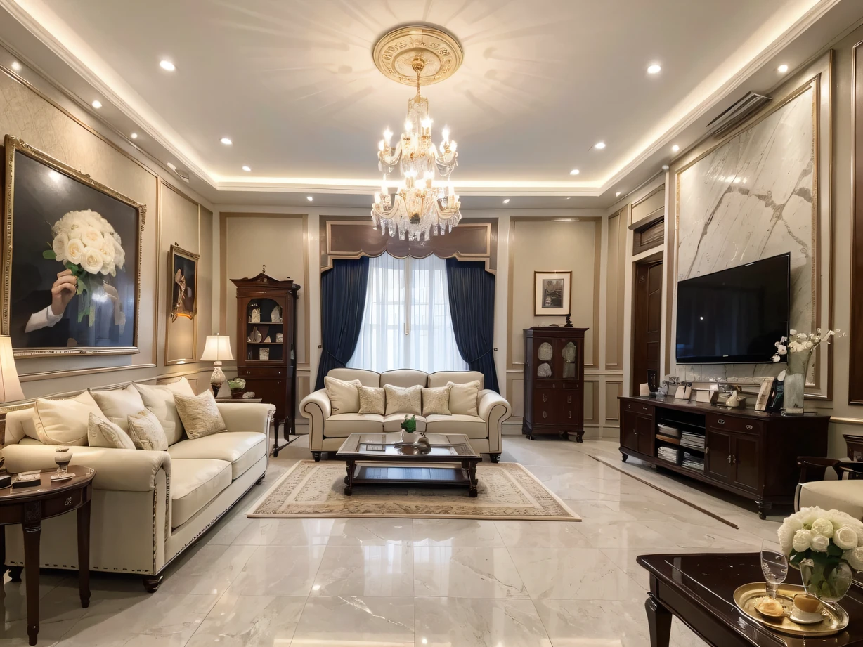 ,Masterpiece, Best quality,8K, 超高分辨率,Step into this European classical style living room,It's like going back to the royal palace in Thailand。The living room has marble floors in warm colours,Paired with a golden chandelier and an ornate carved ceiling,It presents a strong European classical style。The sofa is covered with soft and delicate velvet cushions,Let people sit down,Immediately fall into comfort。The walls are covered with traditional Thai art paintings and hand embroidery,Thai elements create an exotic atmosphere。Take a break here every time,It is as if you can feel the majesty of the European aristocracy and the luxury of the Thai royal family。