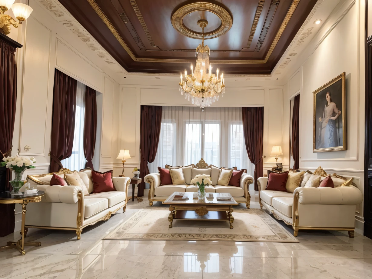 ，Masterpiece, Best quality，8K, 超高分辨率，Step into this European classical style living room，It's like going back to the royal palace in Thailand。The living room has marble floors in warm colours，Paired with a golden chandelier and an ornate carved ceiling，It presents a strong European classical style。The sofa is covered with soft and delicate velvet cushions，Let people sit down，Immediately fall into comfort。The walls are covered with traditional Thai art paintings and hand embroidery，Thai elements create an exotic atmosphere。Take a break here every time，It is as if you can feel the majesty of the European aristocracy and the luxury of the Thai royal family。