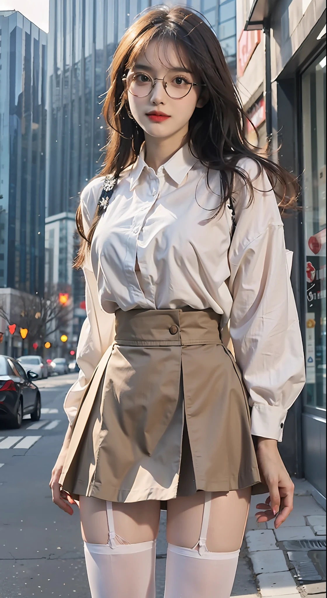 （best qualtiy，A high resolution，tmasterpiece：1.3），A tall and beautiful woman，Slender abs，Dark brown hair in loose wavy styling，nedium breasts，white button-down blouse，a black pleated skirt，（Modern architecture in background），The details in the facial and skin textures are beautifully rendered，Detailed eyes，二重まぶた ((White pantyhose))，(((Apricot skirt wrapped around hips)))，White color blouse，eyes looking at the lens，Hands hidden behind a white shirt White shirt (Apricot skirt wrapped around hips (Apricot hip apron super detailed, A high resolution, The is very detailed，best qualtiy，tmasterpiece， Wearing glasses