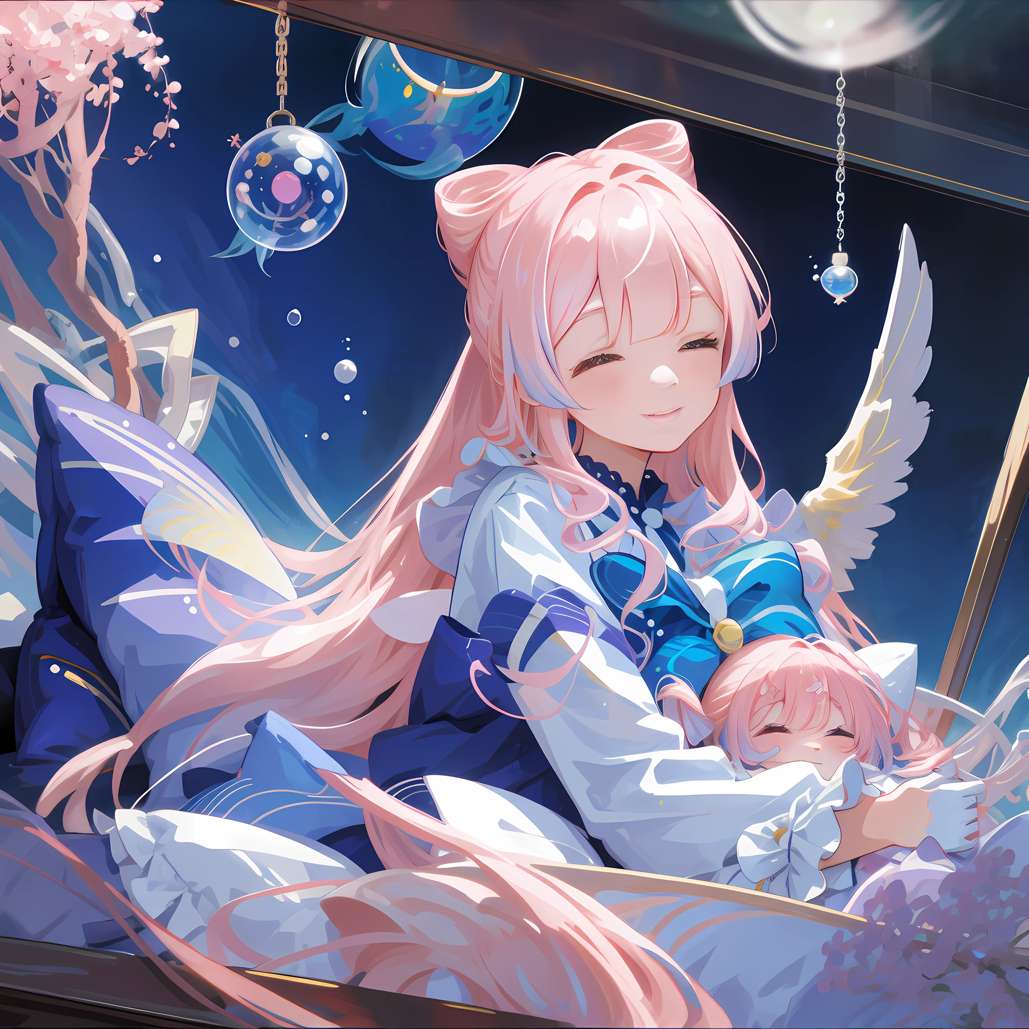 masterpiece,best quality,artbook,colorful,comic,strong rim light,one_girl, adorable girll,angel_face,bishoujo,lying,pillow_hug,lap pillow,half-closed eyes,light smile,long hair,pink hair, half white gloves,bowtie,underwater,fish,bubble,coral,notebook, reel \(riru\),