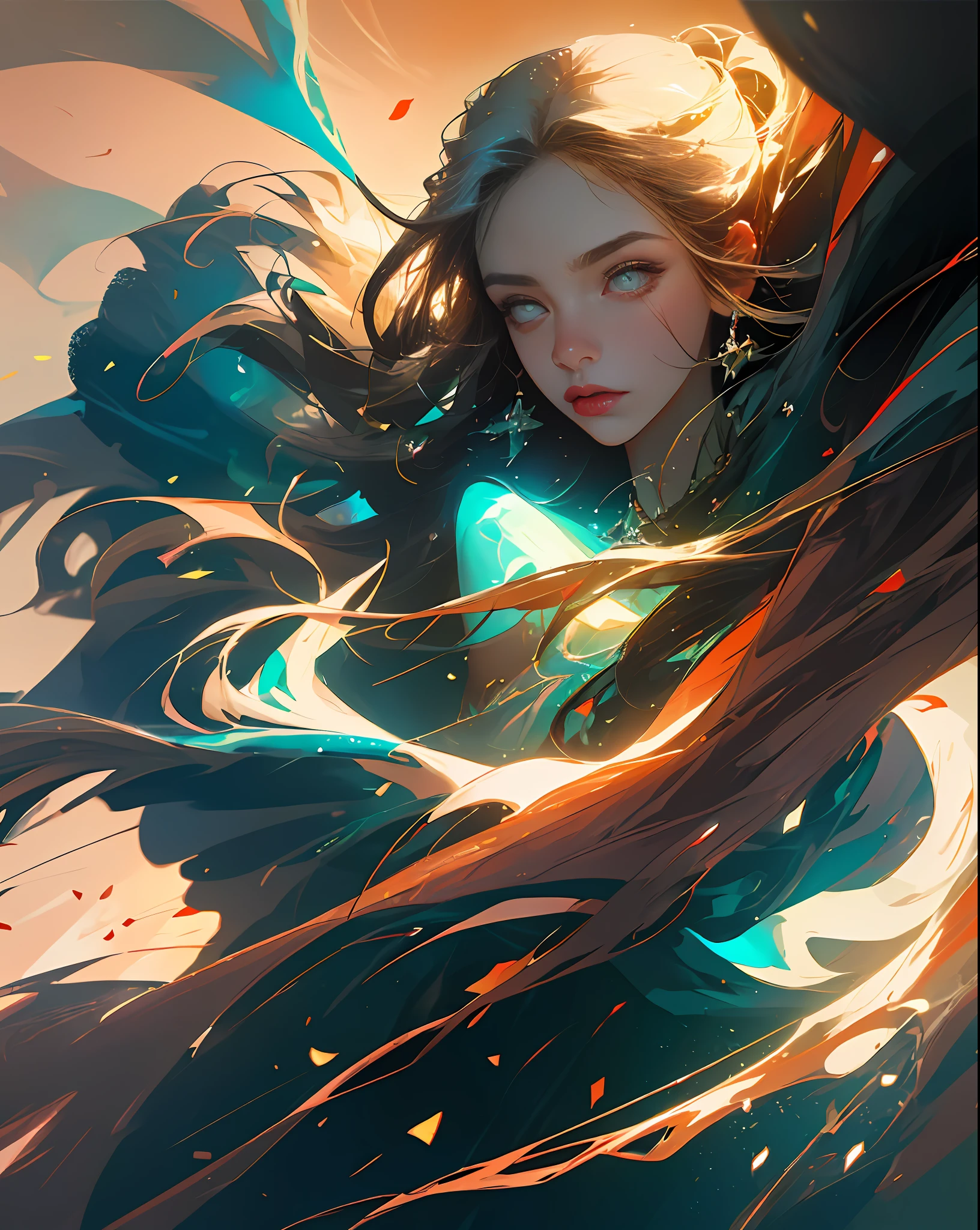 artwork of a pretty woman, adult, striking, artistic composition, emotional, active, motion, particles,masterpiece,highest quality,1girl,(close up),magical,beautiful dress