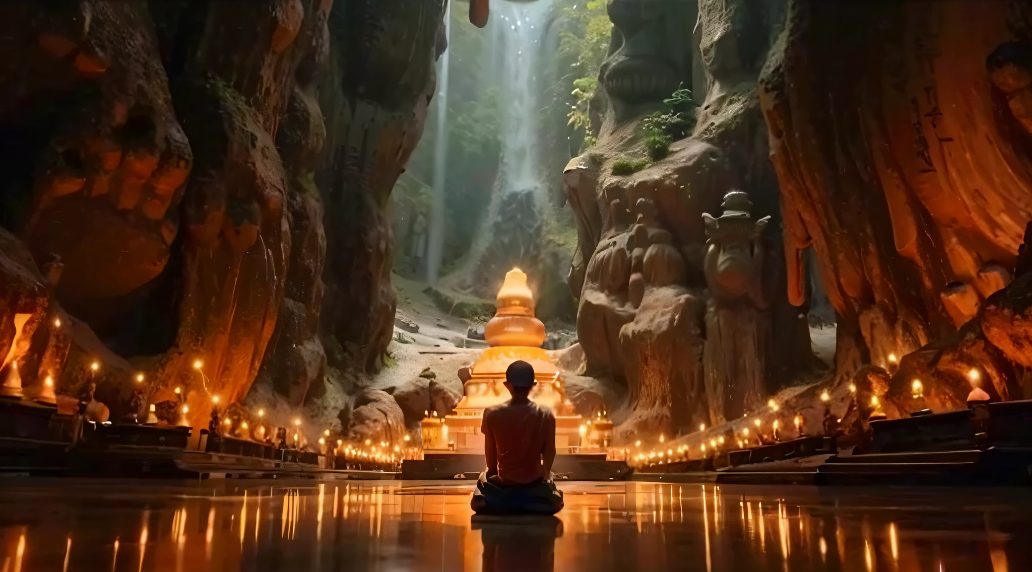 a person sitting in a cave with candles lit up, hindu stages of meditation, monk meditate, meditating, a mystical temple, praying meditating, buddhist monk meditating, glowing temple in the distance, floating in a powerful zen state, buddhism, meditation, buddhist, in a cave with the waterfall, mystical setting, underground temple, mysterious temple setting