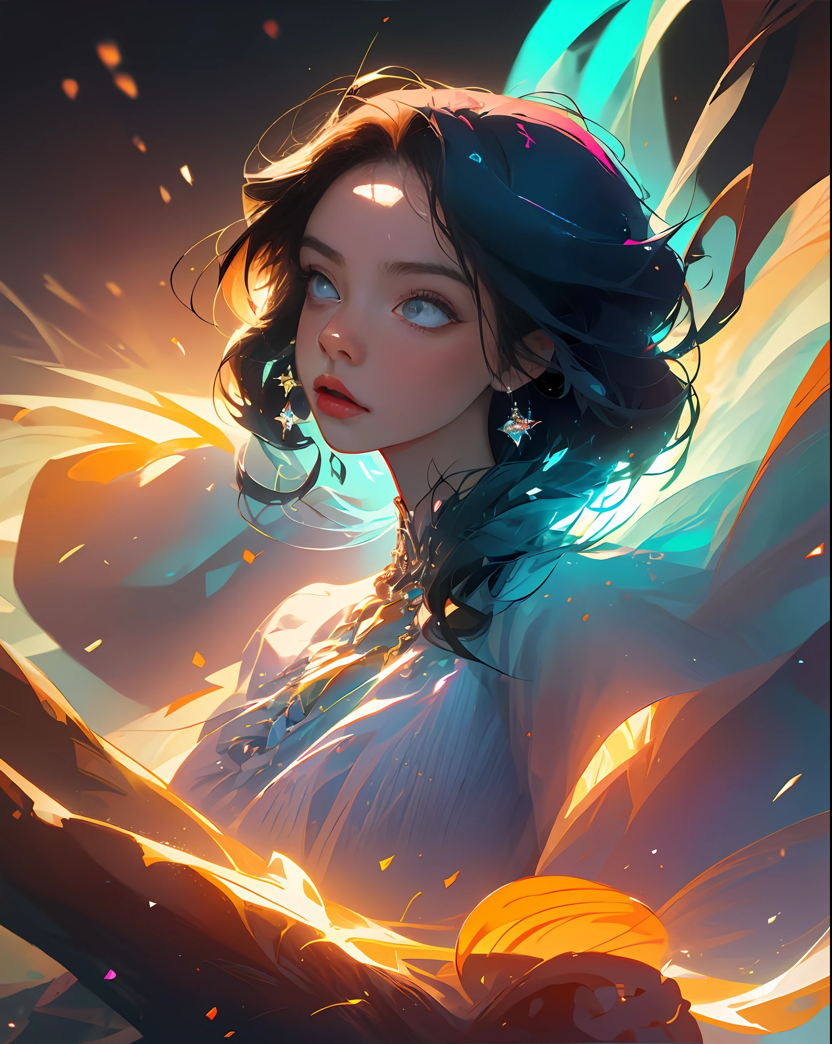 artwork of a pretty woman, adult, striking, artistic composition, emotional, active, motion, particles,masterpiece,highest quality,1girl,(close up),magical,beautiful dress