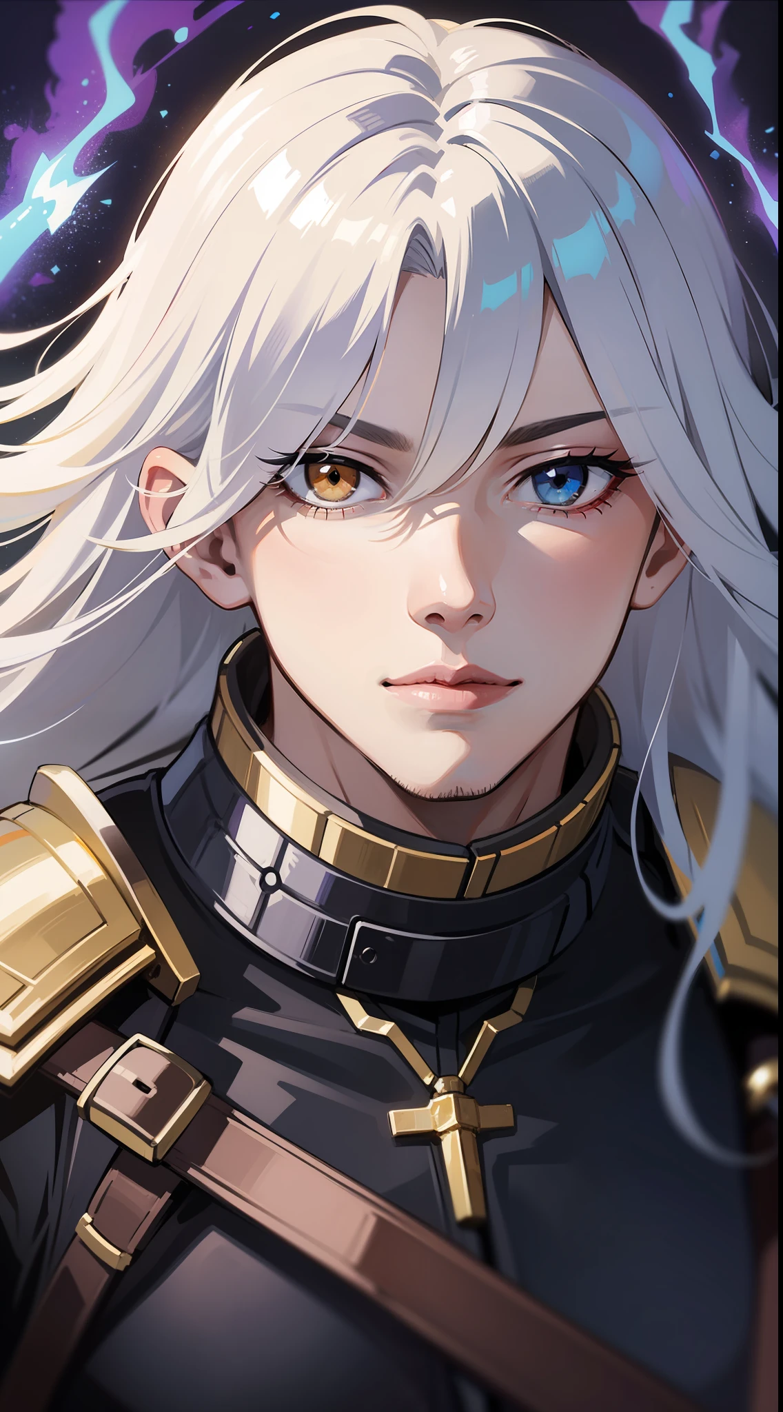 Young guy, Long white hair, Heterochromia, The left eye is blue, The right eye is purple, Thunder God Armor, Thor, Masterpiece, hiquality