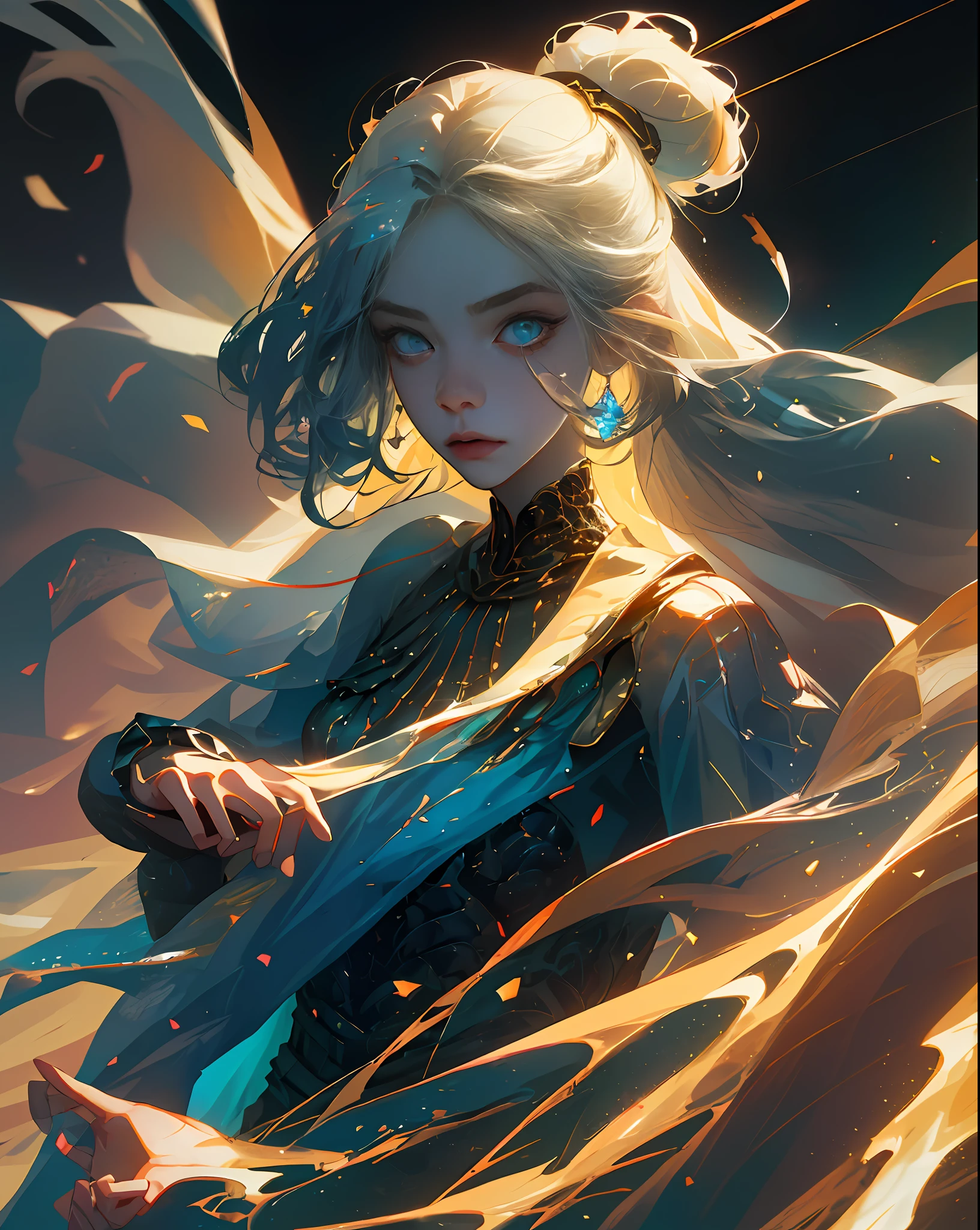artwork of a pretty woman, adult, striking, artistic composition, emotional, active, motion, particles,masterpiece,highest quality,1girl,(close up),magical,beautiful dress