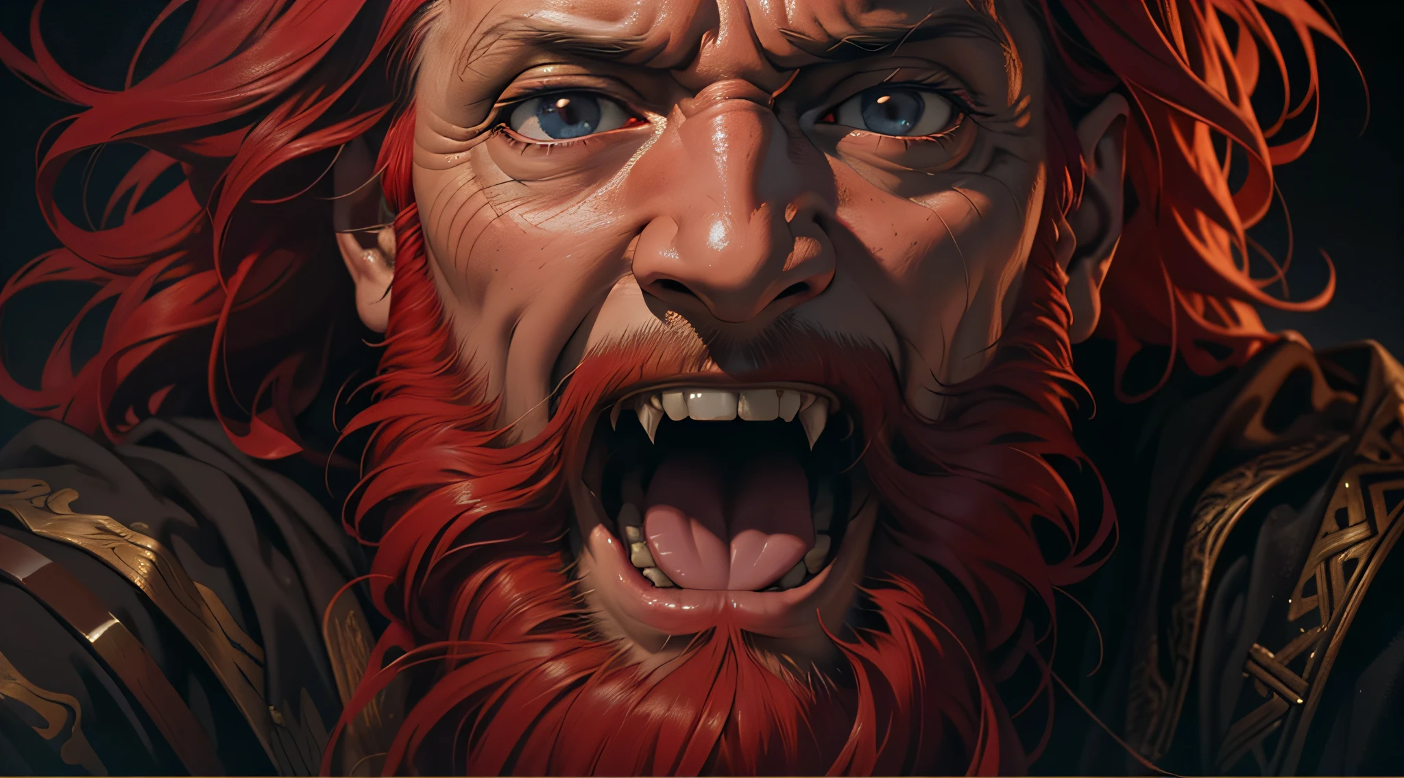 An old man, red hair, red beard, a king with crown, closeup on his mouth, screaming, screaming, sad look, Leonardo da Vinci style realistic painting, dark, dark, no light, very dark background