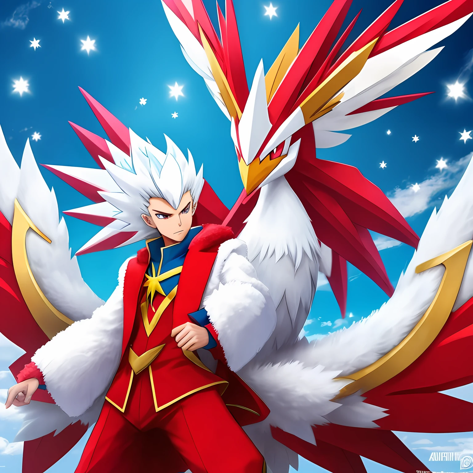 Blaziken pokémon wearing Russian clothes, em um ambiente frio e coberto de neve. --auto