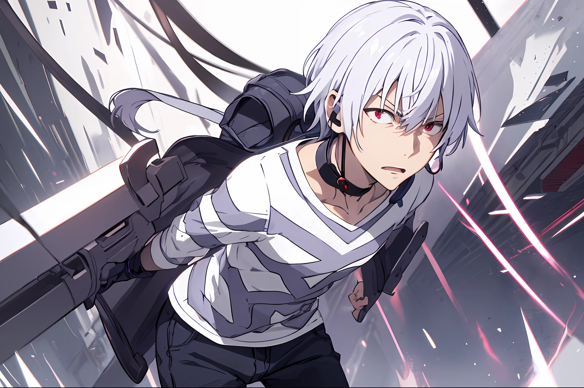 PHA Accelerator、1boy、(red eyes:1.4)、Accelerator(toaru majutsu no index)、Constricted pupils、white  hair、The shirt、独奏、a choker、striped shirt、Stripes、albino、ear phone、underpants、hair between eye、shorth hair、鎖骨、white  shirt、crazy eyes、explosions、
(​masterpiece:1.2、top-quality), highcontrast, portlate, The upper part of the body, radiant light, Transparent background standing picture