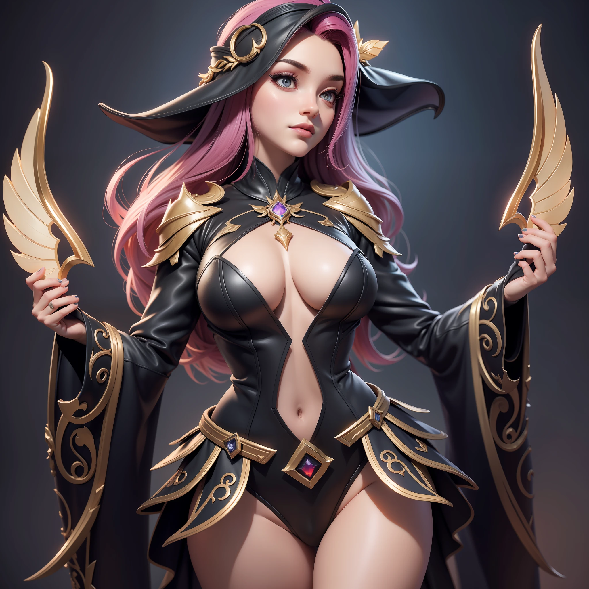 Lux league of legends, detalhes belissimos, olhos vermelhos, luvas pretas de penas, detalhes ornamentais, detalhes preto e vermelho, fundo celestial obscuro, cabelos enormes loiros, fotorrealista, altissimo detalhe, 8k, artistation da mida, renderizado, cinematic lighthing, 3D rendering, atmosfera escura e demoniaca, Sense of wonder, arte conceitual, witch pattern, cintos na coxa, underboob, ((melhor qualidade)), ((obra-)), ((realista)), (obra-, qualidade superior, melhor qualidade, Arte Oficial, Beautiful and Aesthetic: 1.2), (1girl:1.3), (Arte :1.3), black pant, umas das pernas esta nua com cintos na coxa, Bruxa poderosa, coruja, magnifico, vestido penas de corvo, cajado brilhoso vermelho e preto, floresta escura, bosque, tumba, fundo medo, imperatriz das bruxas, coven, olhar ruim