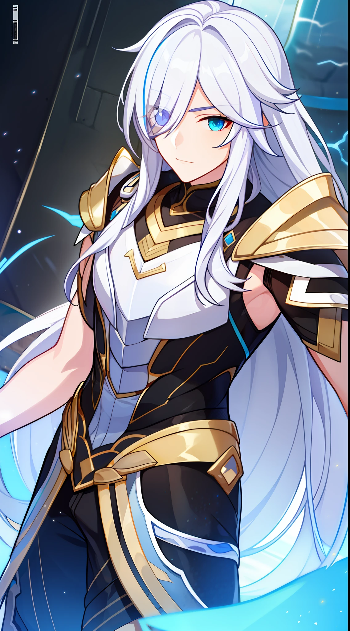 Young guy, Long white hair, Heterochromia, The left eye is blue, The right eye is purple, Armor of the God of Thunder, Thor, Masterpiece, hiquality