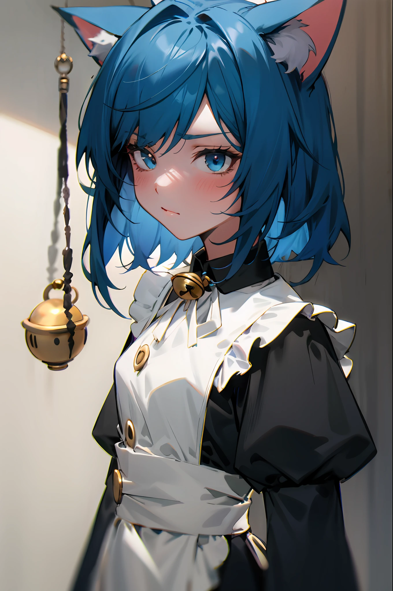 Close-up of a bust of a girl，Has cat ears，blue hairs，Impersonating a cat，A bell hangs around his neck，the maid outfit，A look of contempt，Cute look