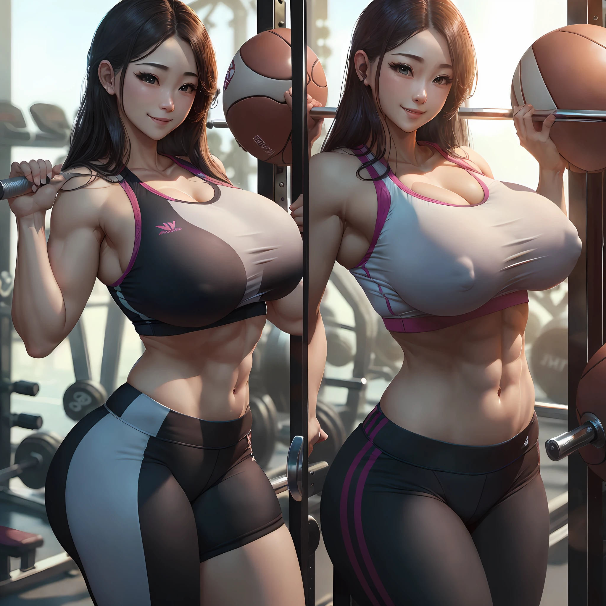 (A hyper-realistic), (hight resolution), (8K), (ighly detailed), (top-quality), (ultra-detailliert), (​masterpiece), (gym), (详细的脸) ,(huge tit:1.4),ソロ1女の子,(((sports wear))), (bbw:1.1),a smile, --auto