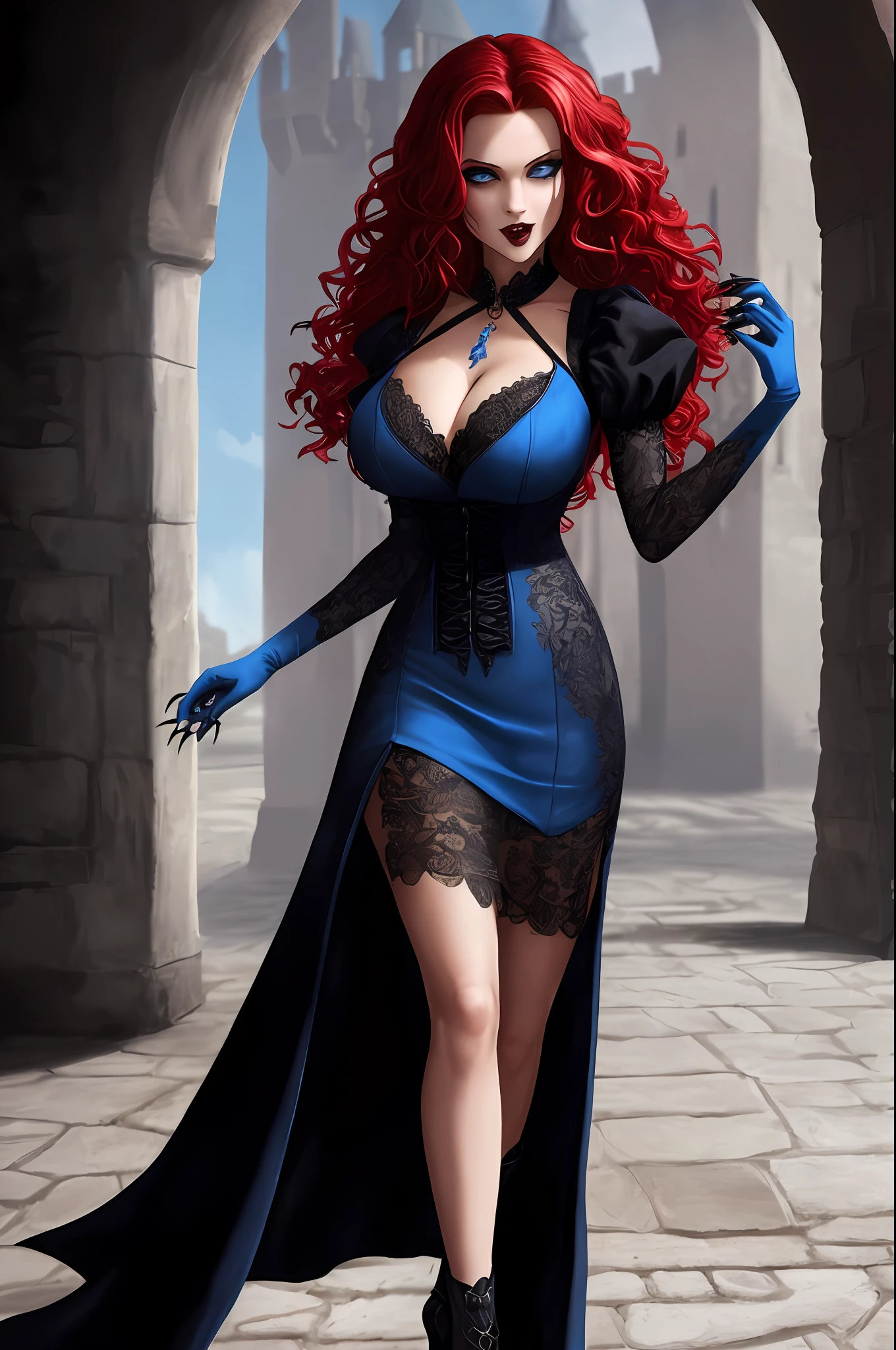 Complete artwork masterpiece, full body, high quality, ultra detailed in 4k, 8k, hyper-detailed, realistic skin texture, amazing shadows, highly detailed background, extremely detailed texture. A Masterpiece, regal black Gothic dress, vampiress, ((Red wavy hair)), (perfect body), ((blue eyes)), ((perfect detailed face)), ((perfect detailed fingers)), ((Vampire Fangs)), ((large breast) at a Classic Castle