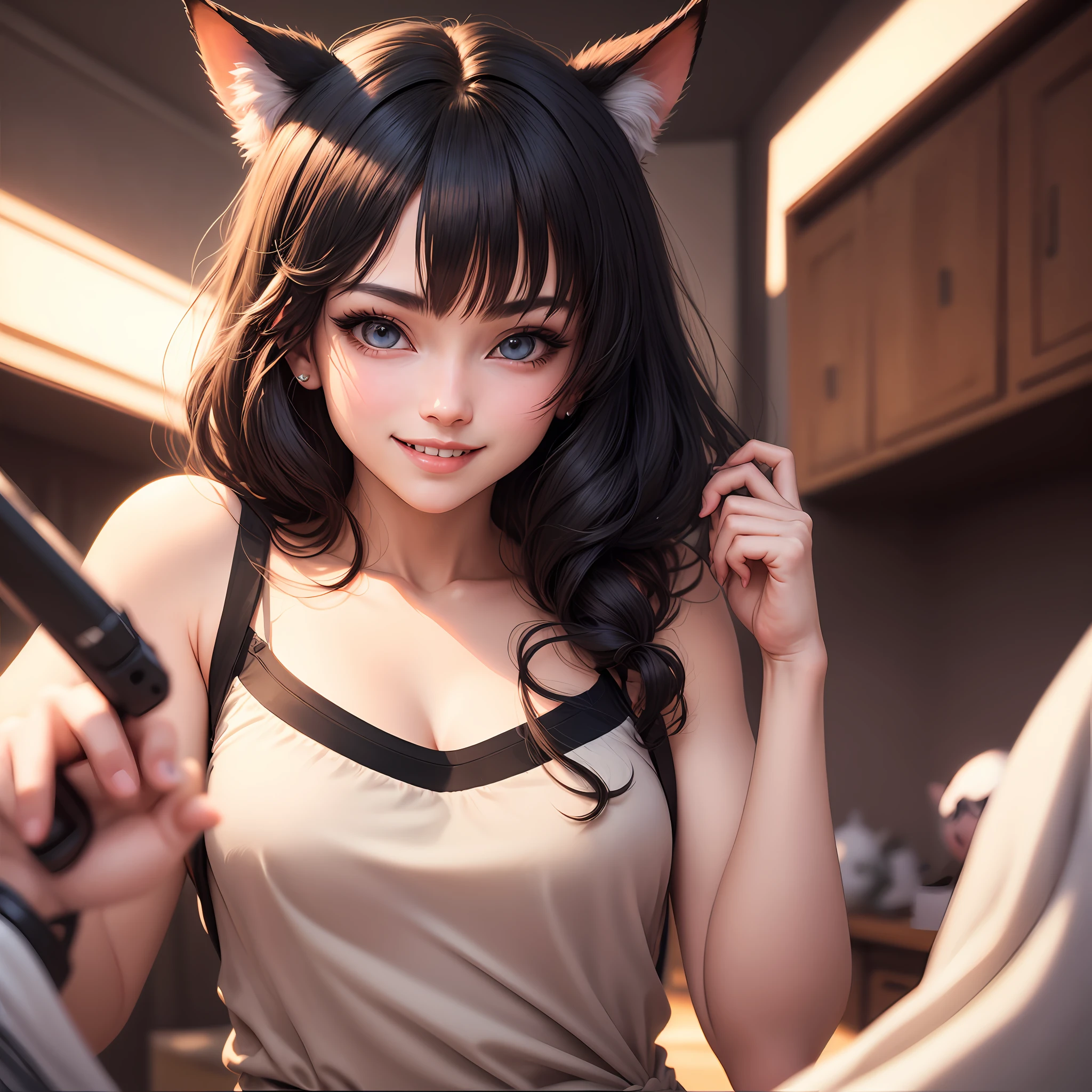 hair bobbles, wince, longeyelashes, solid circle eyes, fake animal ears, light smile, ear blush, fang, black hair, Surrealism, drop shadow, anaglyph, stereogram, tachi-e, pov, atmospheric perspective, 8k, super detail, ccurate, best quality --auto