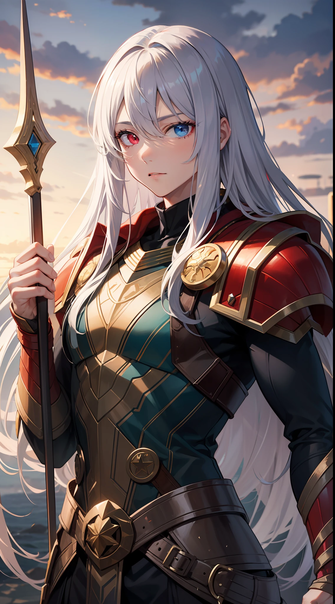 Young guy, Long white hair, Heterochromia, The left eye is blue, The right eye is purple, Armor of the God of Thunder, Thor, Masterpiece, hiquality