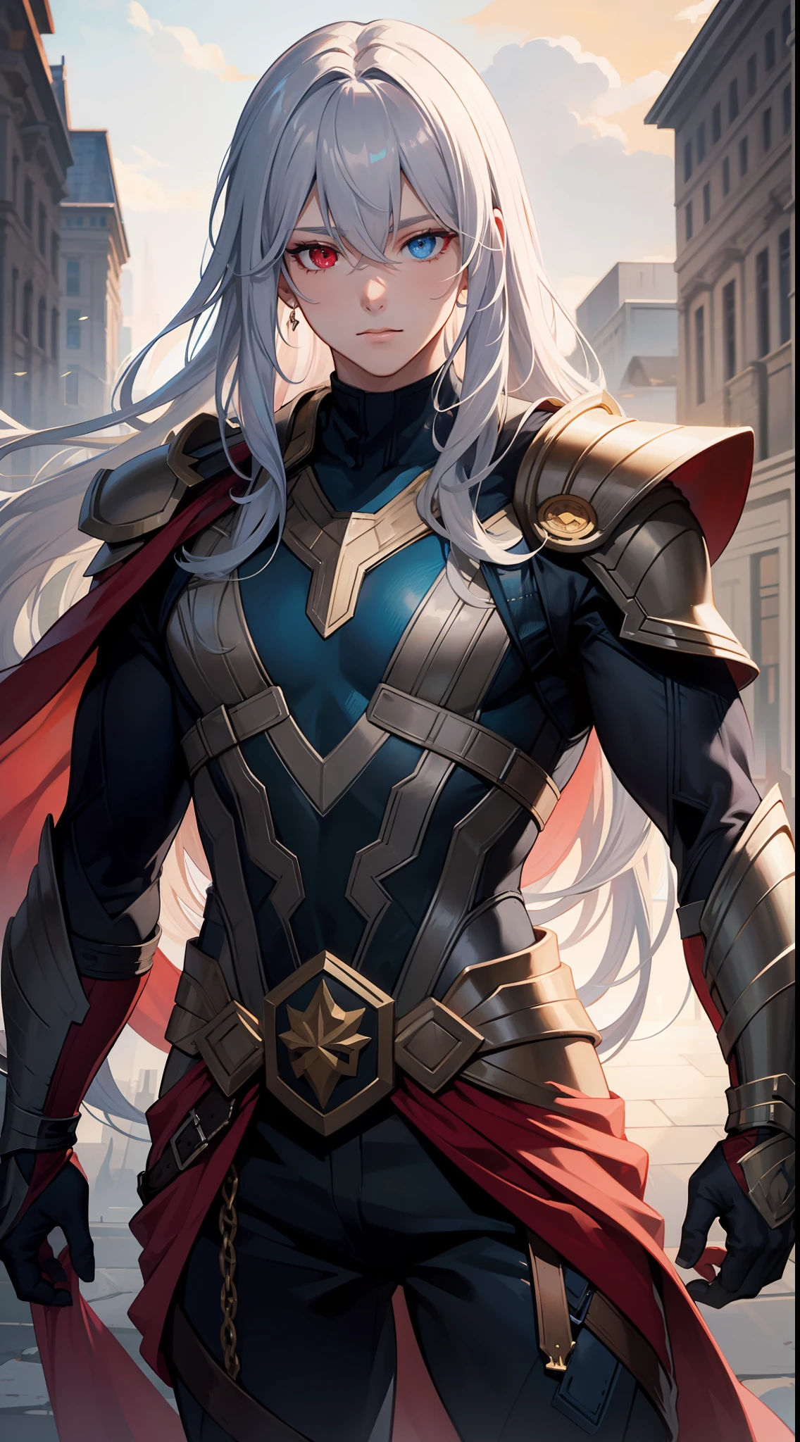 Young guy, Long white hair, Heterochromia, The left eye is blue, The right eye is purple, Armor of the God of Thunder, Thor, Masterpiece, hiquality