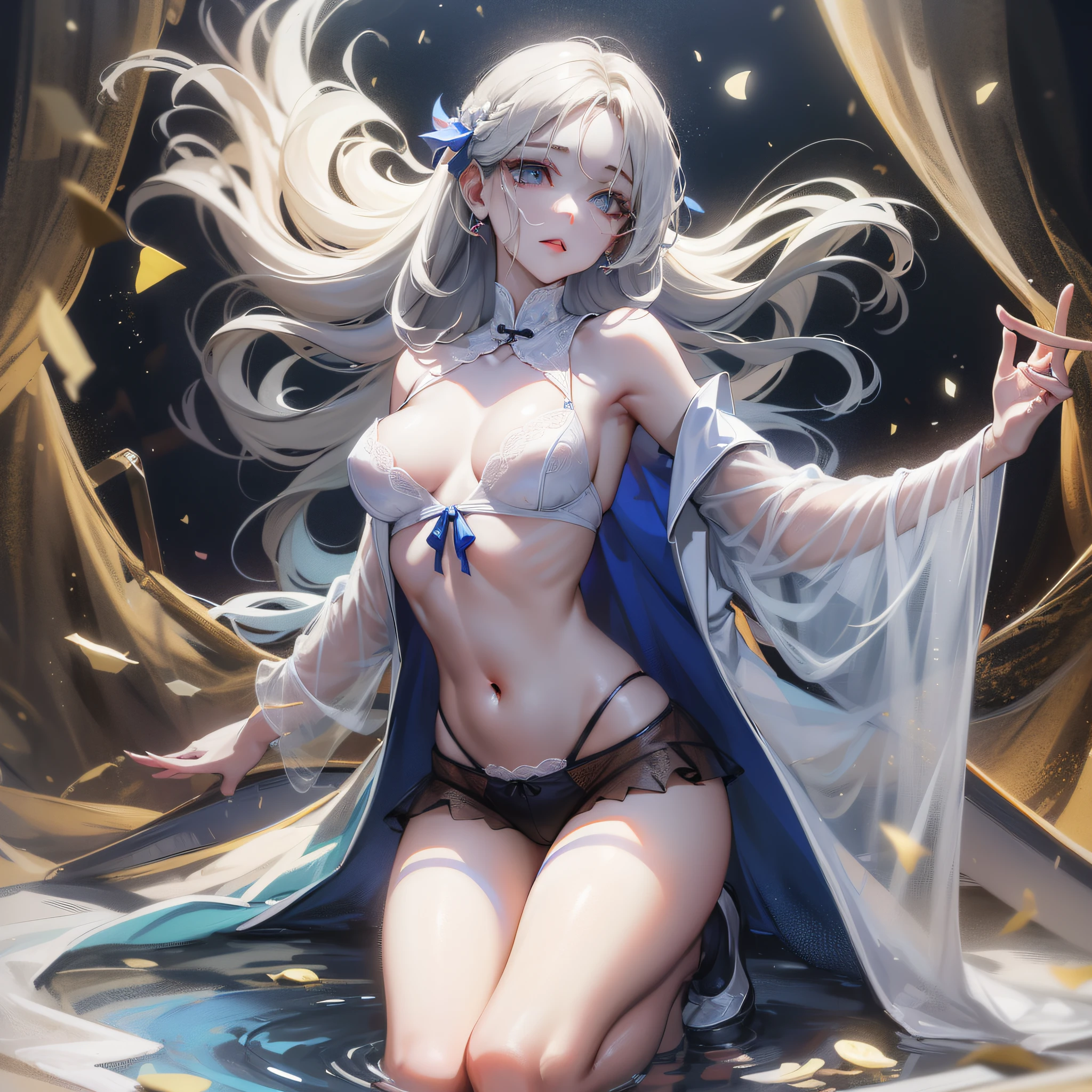 Works of masters,Best image quality,超高分辨率,Open the woman,long whitr hair,white colors,A patient expression,vacant eyes,blue colors,exposing her chest,The large,?????? lingerie,lifting up skirt,????????,8K分辨率,Peerless beauty,Hair is depicted in detail,Small nose,exquisite lighting and shadows,The facial features of the golden ratio,k hd,with light glowing,White glowing particle effect,(rich colours),Bare legged,is inserted,????????,Obscene lines on the lower abdomen