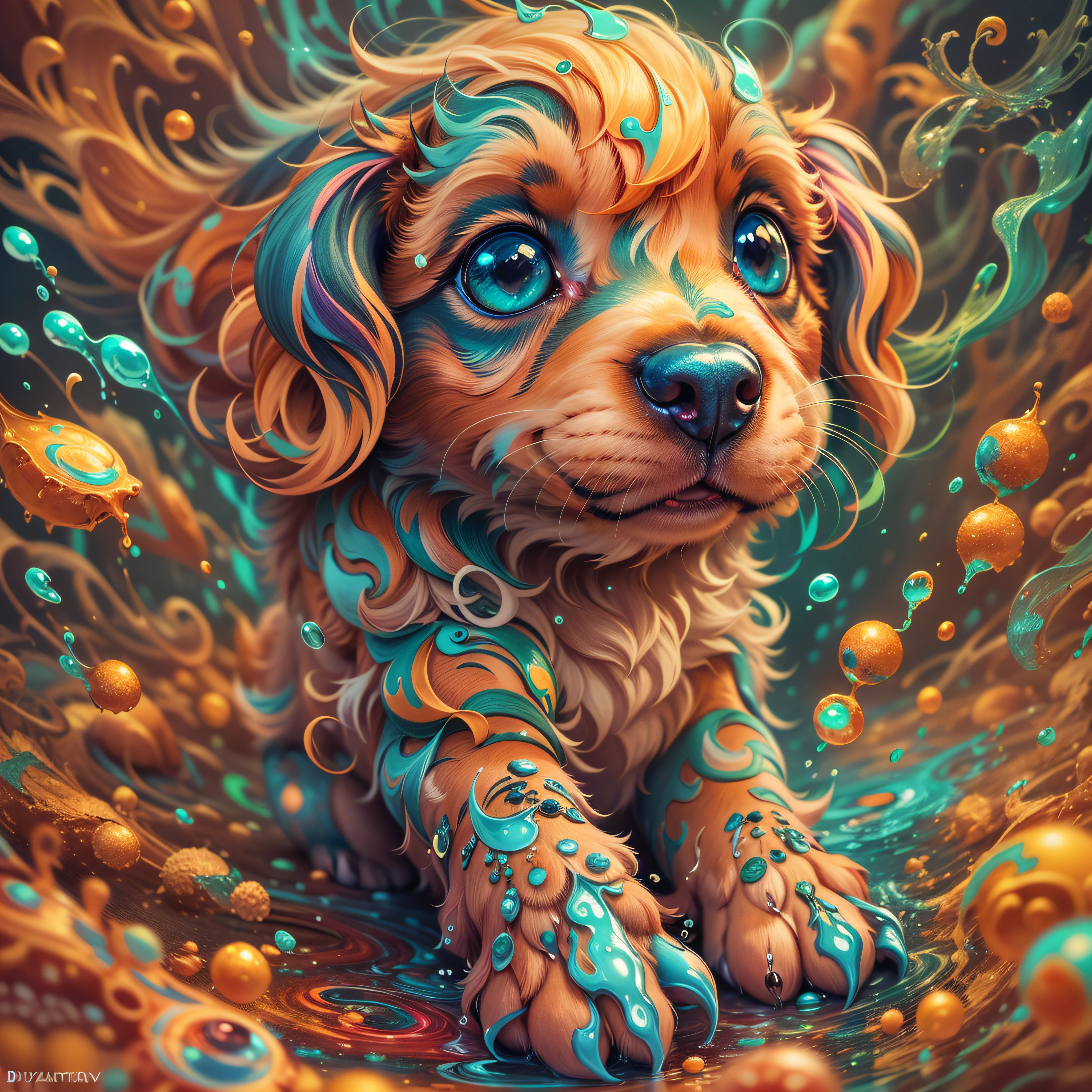 a liquid cute puppy made of colours, splash style of colourful paint, hyperdetailed intricately detailed, fantastical, intricate detail, splash screen, complementary colours, fantasy, concept art, 8k resolution, DeviantArt masterpiece, Cartoon, Cartoon