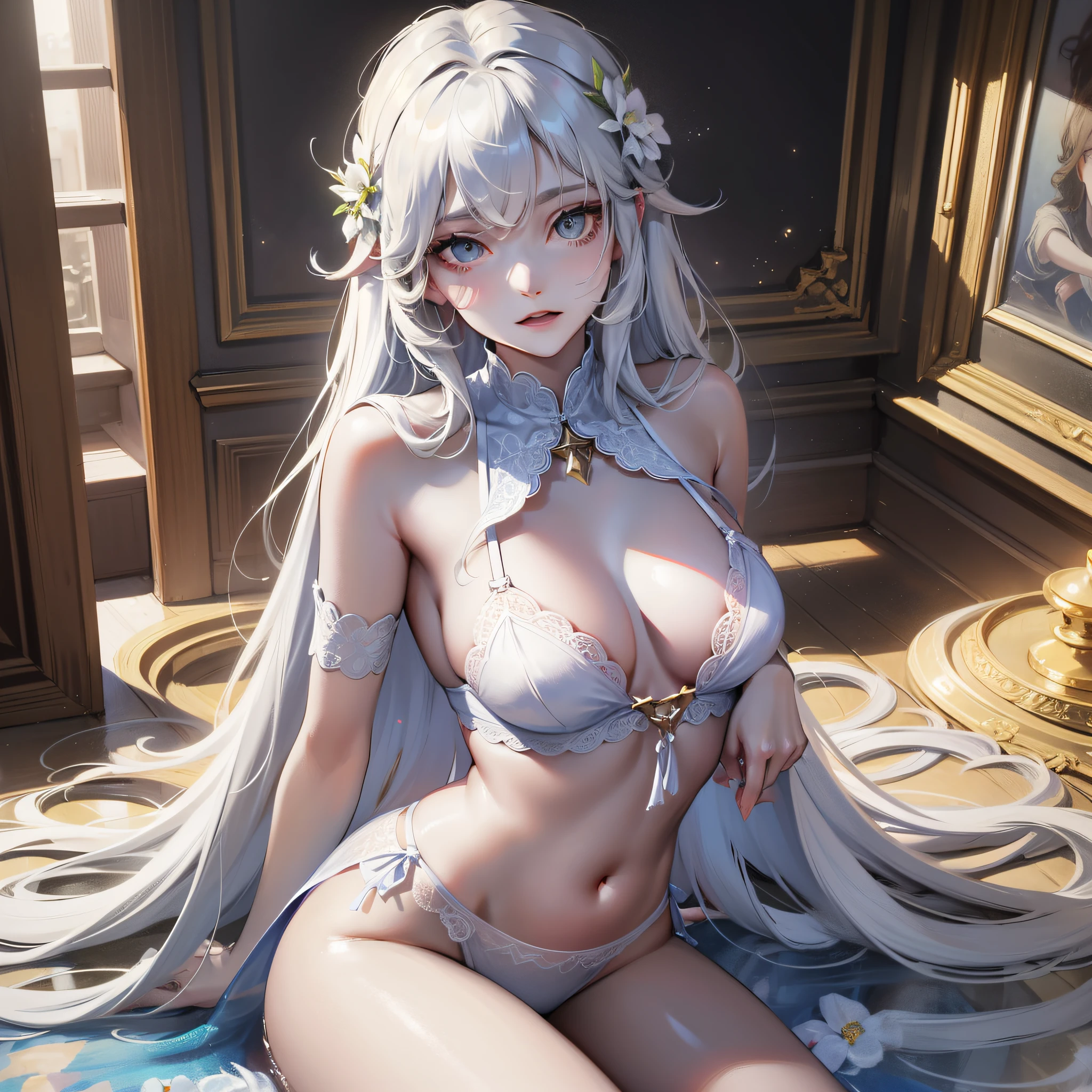 Works of masters,Best image quality,超高分辨率,Open the woman,long whitr hair,white colors,A patient expression,vacant eyes,blue colors,exposing her chest,The large,Erotic lingerie,lifting up skirt,Creampie,8K分辨率,Peerless beauty,Hair is depicted in detail,Small nose,exquisite lighting and shadows,The facial features of the golden ratio,k hd,with light glowing,White glowing particle effect,(rich colours),Bare legged,is inserted,Creampie,Obscene lines on the lower abdomen