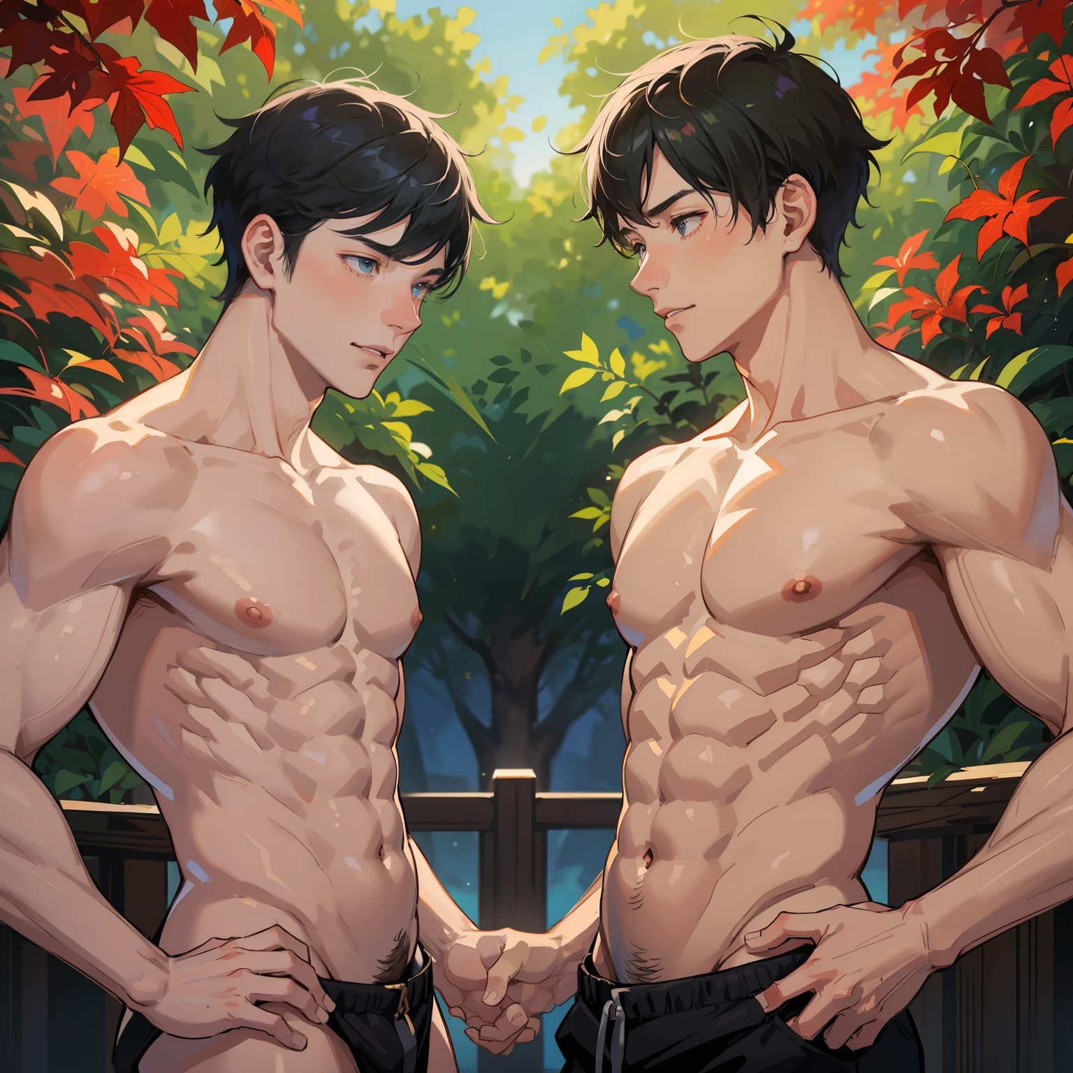 Boys Love, gay, No clothes, Two boys in love with each other, Sexy Boys, Muscular Boys, Naked,, Masculine features, masculine, twinks, Lumpy, Traditional style of Japan, Embarrassed face, pectoral muscles, abdominals, Cool atmosphere, Stylish, Luxurious, Maples