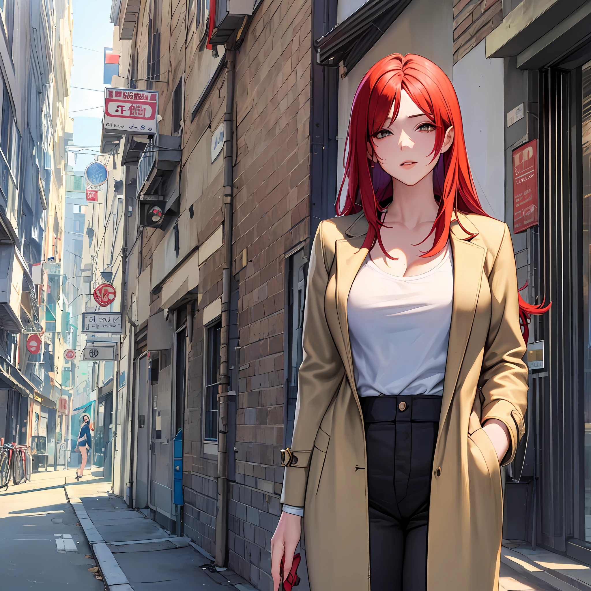 one mature girl (30 years old ) is putting on white t-shirt and black trousers, fashionable yellow trench coat , great body, long red hair, comfortable face (beautiful, attractive ) , standing on the road , detailed bulding background, infron view, at midday, shimmering light, sunlight, ultra art anime, 8k photography, masterpiece, anime character, extremely detailed