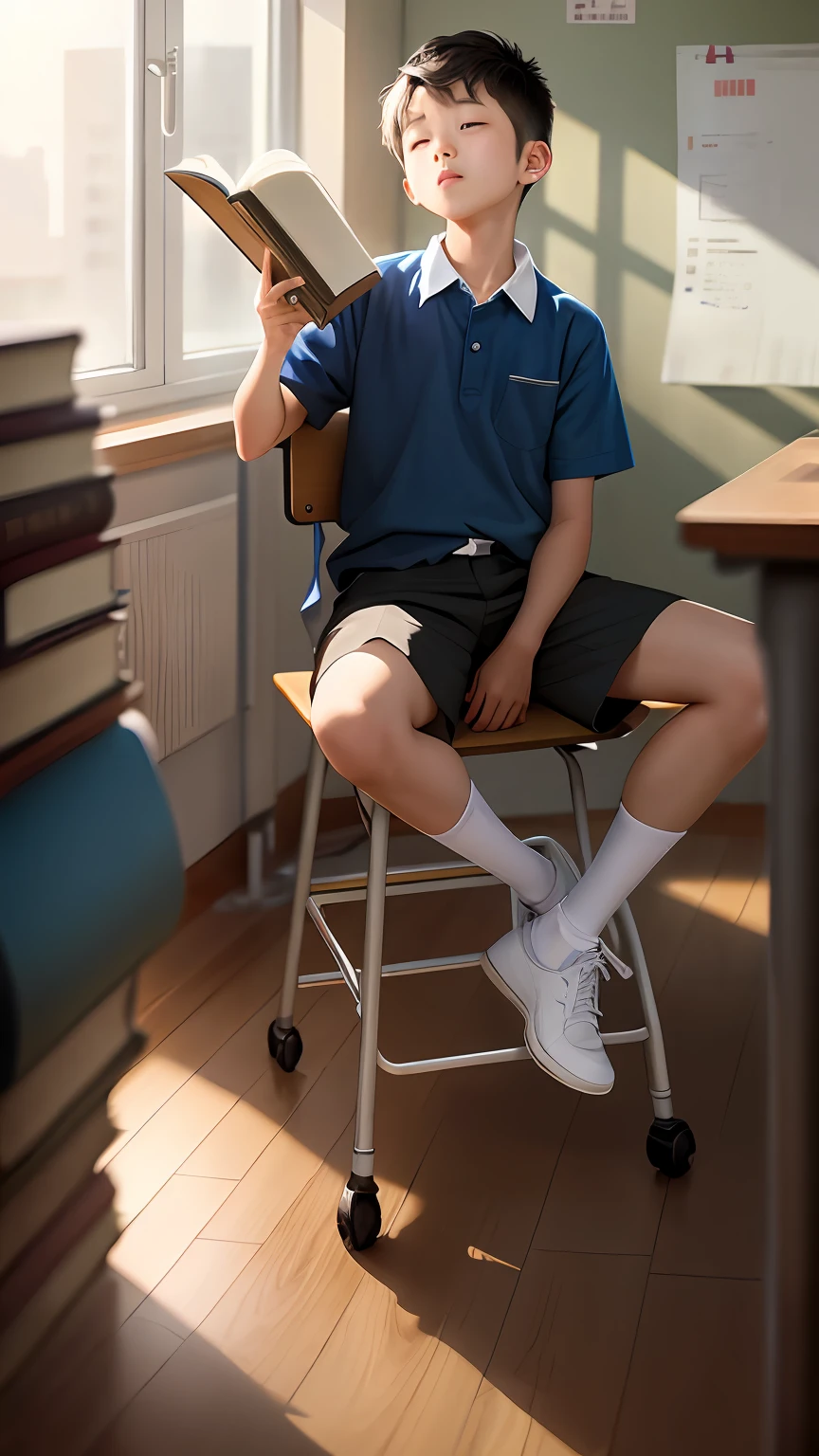 There was a boy sitting at his desk,Hold a book,On a desk in a classroom,On the experimental table,Learn hard shots,sittinng on the desk。