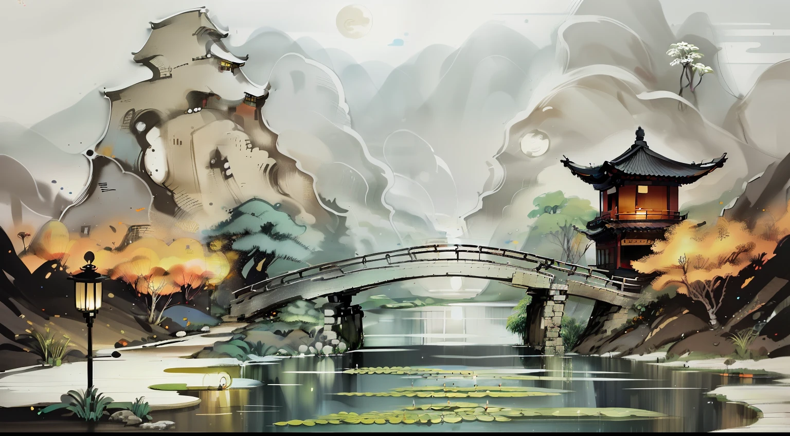 masterpiece,best quality,Chinese martial arts style,an asian night scene with lanterns and water lilies,asian pond with many lanterns and boatsa night scene with many lights and boats in the water, Lake surface, lotus flowers,beautiful night scene,(((Chinese martial arts style))), with vast sky, continuous mountains and steep cliffs, ink wash style, outline light, atmospheric atmosphere, depth of field, mist rising, bamboo, pine trees, octagonal stone pavilion, waterfall flowing water,big full moon,(No color) , Monochrome, light color,