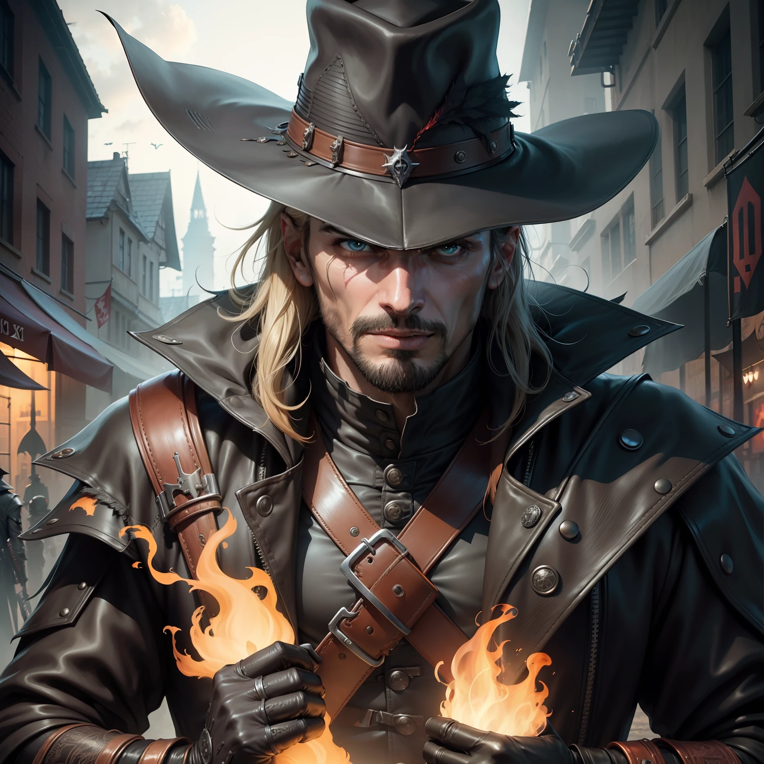 Man in black hat and leather jacket holding a flag, portrait of a bloodborne hunter, badass anime 8 k, Alucard, Tiroteio, arte de fantasia urbana estilizada, assassino cyberpunk, Retrato de um vigilante, fantasia urbana centralizada, como personagem em tekken, Dante do Diabo Pode Chorar, Guilherme H. Pongiluppi