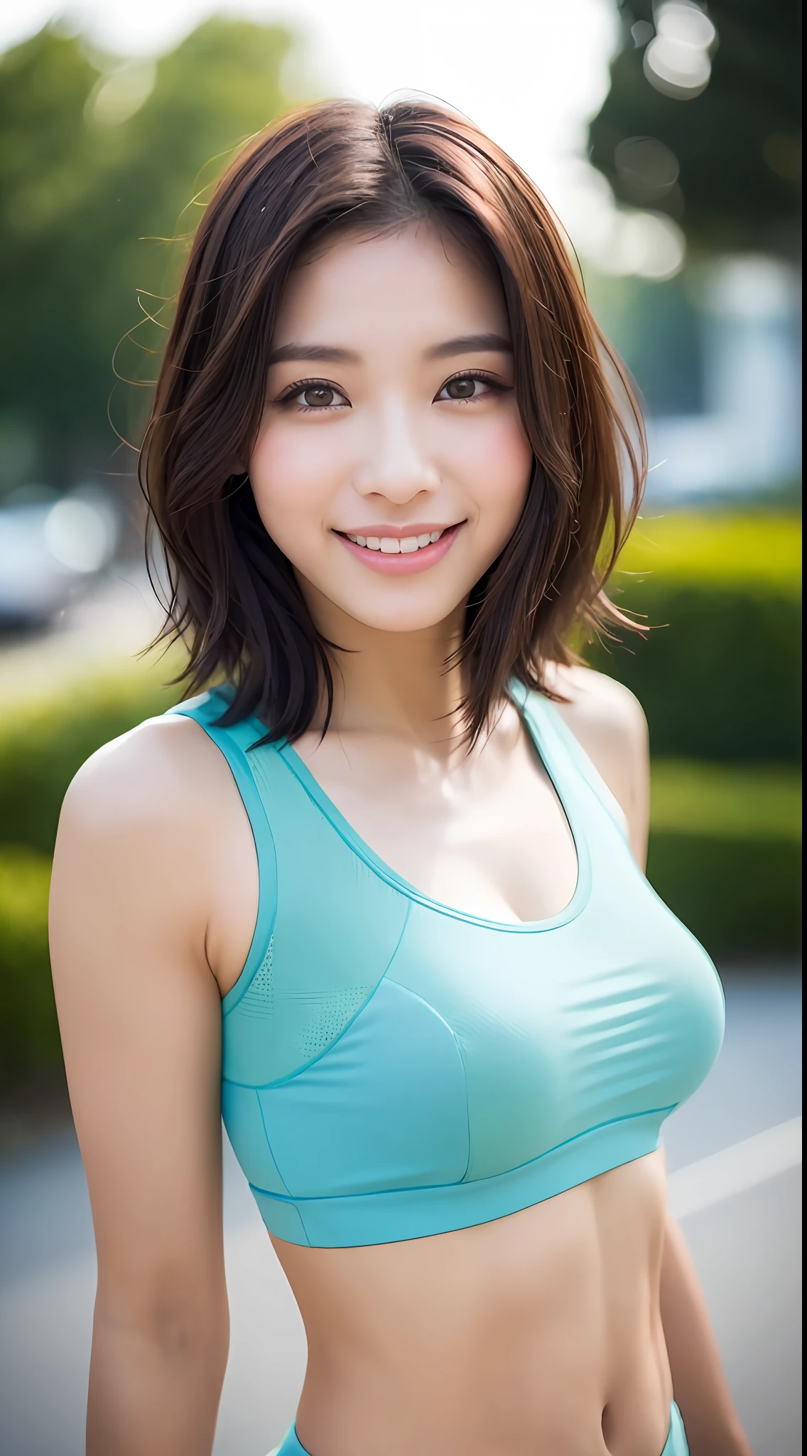 ((Top Quality, 8k, Masterpiece: 1.3)), Sharp Focus: 1.2, Perfect Body Shape Pretty Woman: 1.4, Slender Abs: 1.2, (Layered Haircut, Big: 1.8), (Sports Bra: 2.0), (Jogging: 1.8), (Street: 1.2), Highly Detailed Face and Skin Texture, Detailed Eyes, Double Eyelids, Smile, Bokeh,