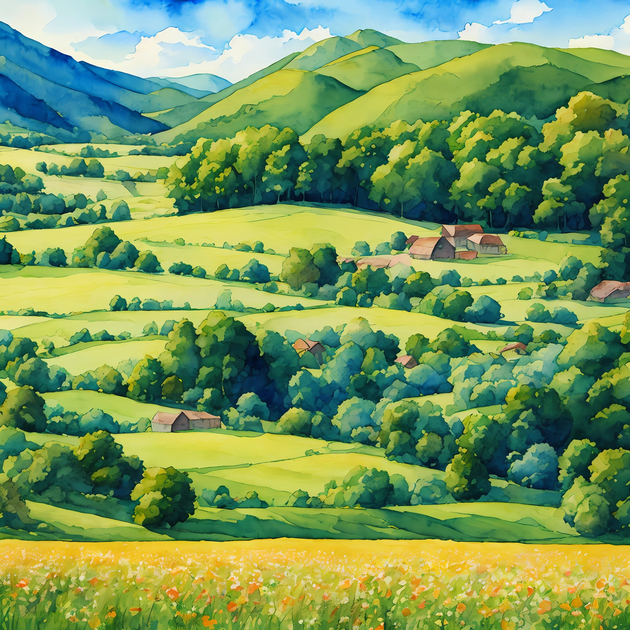 field nature landscape idyllic landscape pretty picture book watercolor --auto