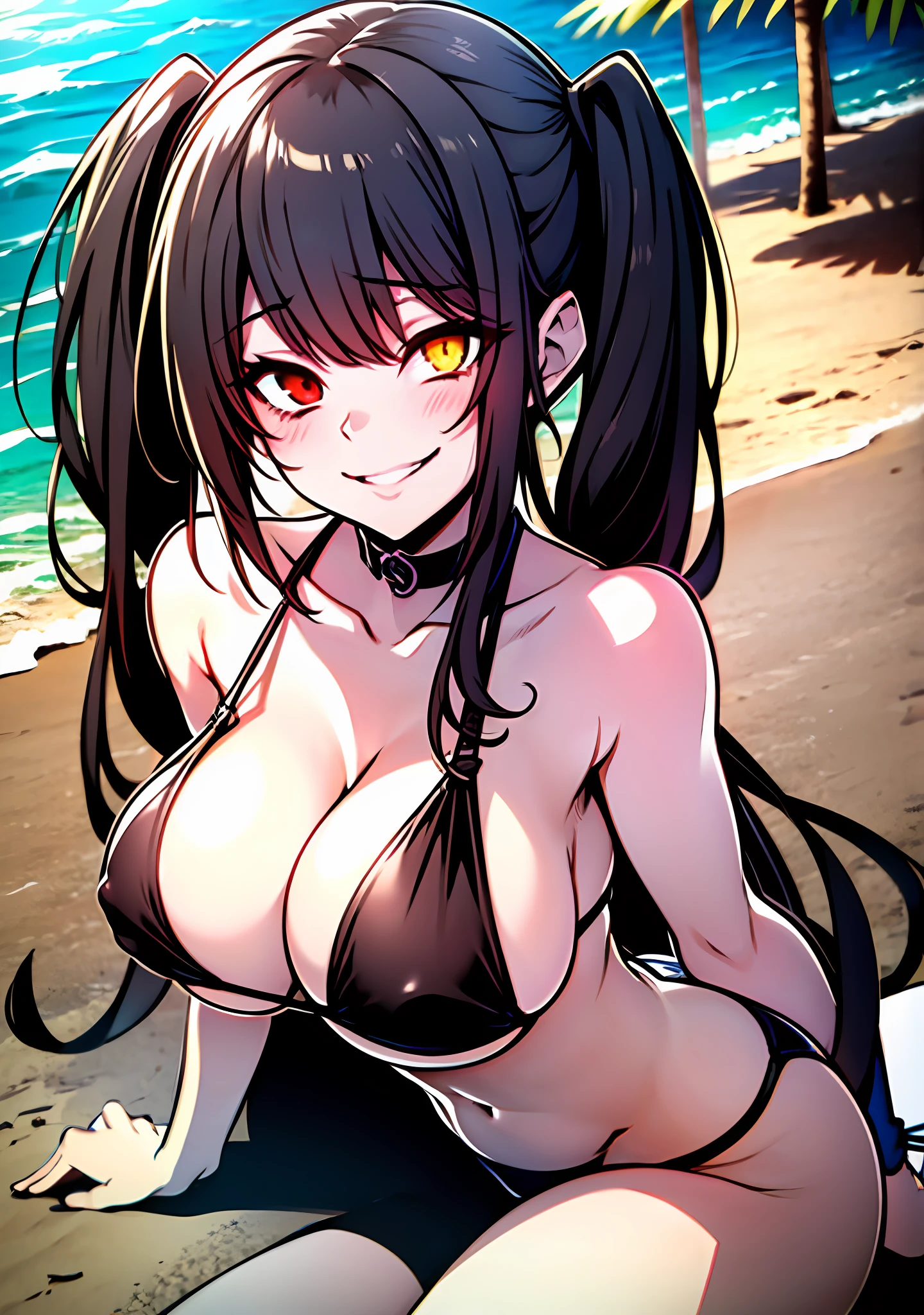 Masterpiece, high quality, ultra quality, best lighting, 1girl, ((tokisaki kurumi)), long hair, black hair, (((low twintails))), monochrome, ((right red eye:1, left yellow eye:1)), bikini, ((mini bikini)), ((big breast)), ((big thigh)), smile, blush, cute face, ((gesugao face)), sitting, sexy body, sexy, looking at viewer, large the breast, nsfw, in the beach, ((beach))