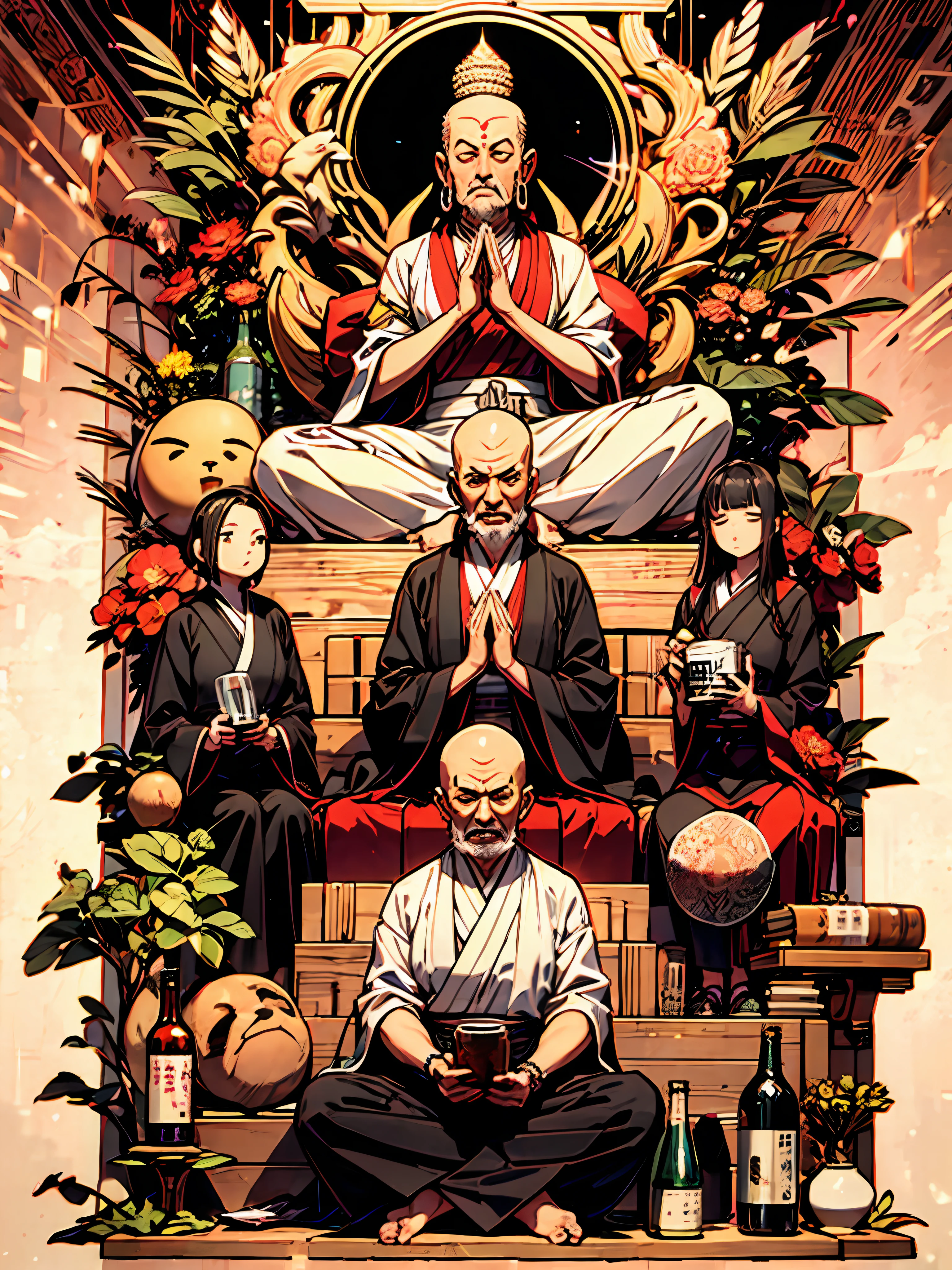 1 Skinny old man, 独奏,Sitting,Zen meditation、skin head、de pele branca、long white beard、black robes、greedy、Lucullan banquets、smokeing、drug、Illegal drugs、Drug addiction、thick smoke、pop-art、Fractal Art,Geometric pattern、mandalas、Thousand Armed Guanyin Bodhisattva、Buddha、monks、prayer beads、Newsrod、beer、wine bottle、liter bottle、Sake、Shochu、Drunk、drunkenness、confusion、