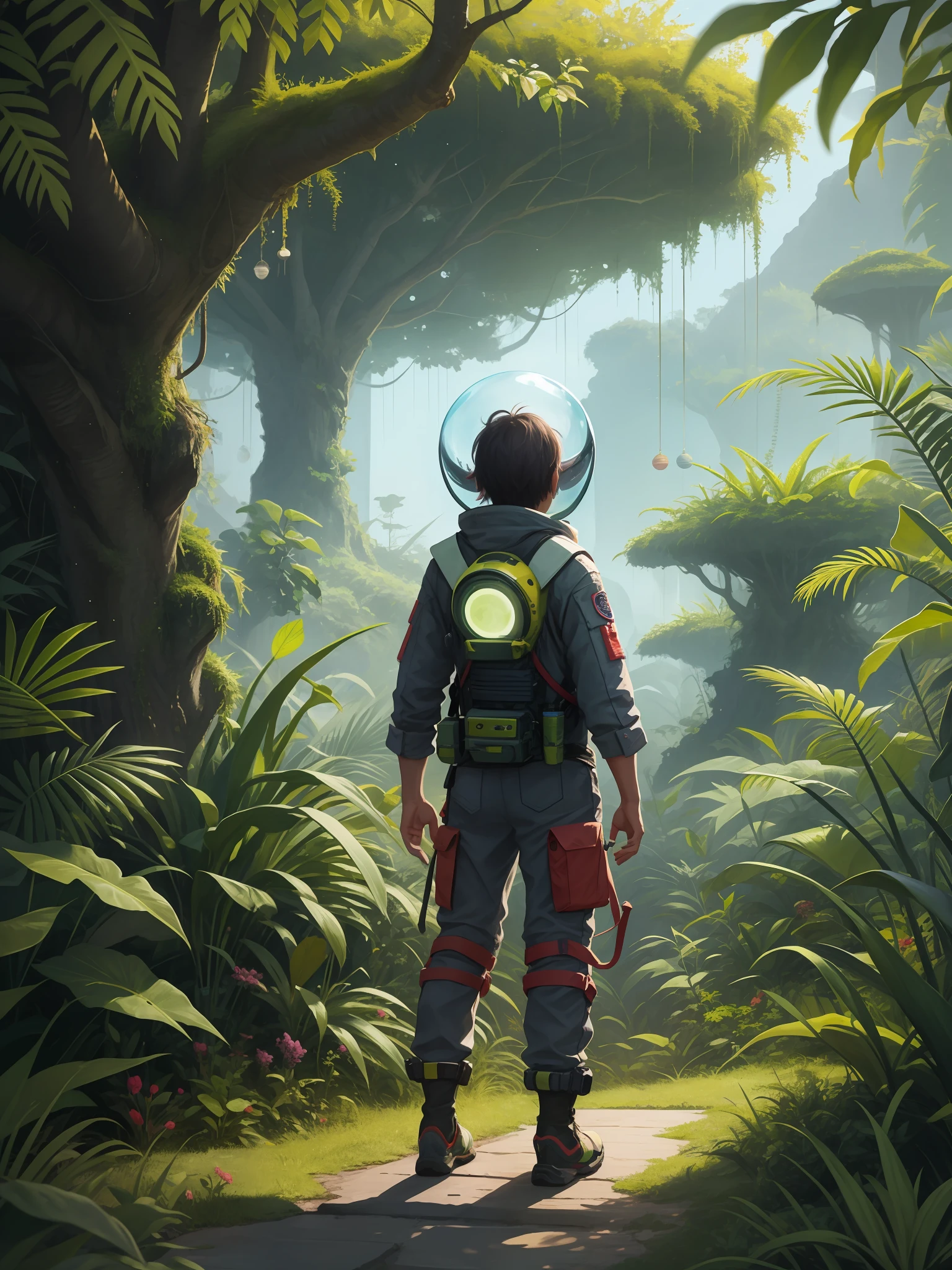 Adventure ,Space explorer,Alien jungle,Whimsical plants,Bizarre plants, Picture on the back, standing on a tree branch,looking at the distance,Alien jungle, full bodyesbian, sun and shadow (complexdetails), hdr, (complexdetails, Hyper-detailing:1.2), 电影灯光, at centre