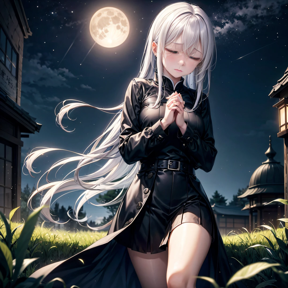 ,Masterpiece, Best quality,8K, 超高分辨率,Moon Night,The protagonist lies on an empty grass,Looking at the lonely bright moon in the sky。He clasped his hands together,Pray that the light shines on his lost love。He closes his eyes,Reminisce about the warmth of the past,Tears slipped from the corners of his eyes,Turned into the deepest pain and despair。The whole night seemed to be darkened by his mood。。。