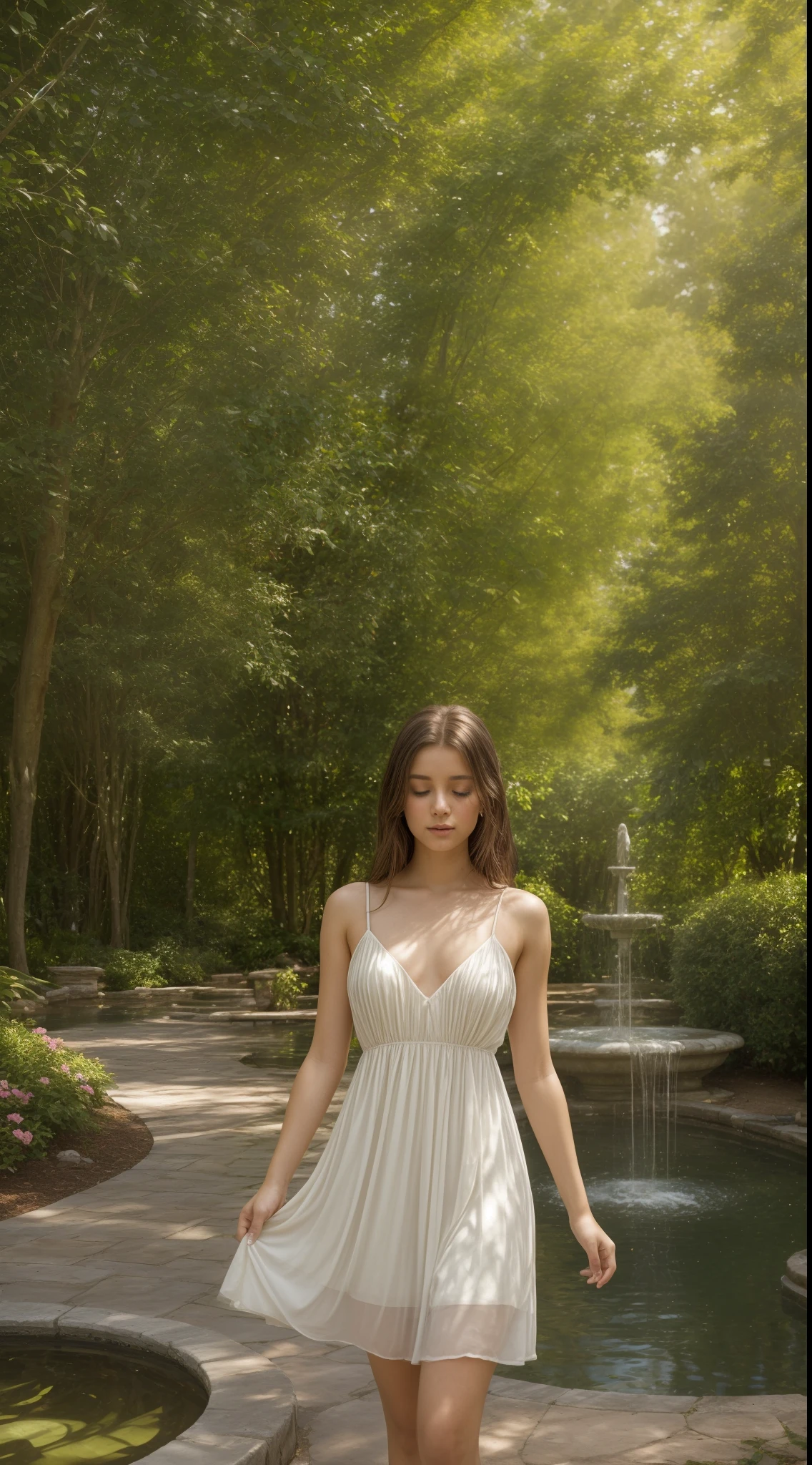 A young woman with a delicate expression, around 18 years of age, occupies the center of the image. She's dressed in an elegant, light fabric dress, possibly silk or chiffon, that dances in the breeze. The pastel shades of the dress highlight her youth and freshness. Her hair is loose, accentuated by the sun's rays filtering through the surrounding trees.
The image is set in an idyllic backdrop. Behind the young woman, a beautiful garden unfolds, brimming with flowers in hues of pink, white, and yellow. Beyond the flowers, large trees and verdant bushes adorn the landscape, creating an atmosphere of tranquility and beauty. The soft sunlight, shining through the leaves of the trees, casts a pattern of shadows on the scene, adding an ethereal quality to the image.
In this landscape, the young woman appears perfectly at ease, as if she were in her own piece of paradise. Her countenance is soft, almost dreamy, as if she's lost in pleasant thoughts. Her posture is graceful and relaxed, making her seem even more part of this serene and charming environment.
In the lower right corner of the image, a small stone fountain contributes to the scene with a pleasant and soothing sound of running water. This is an image of beauty, serenity, and youth, a perfect combination of a unique moment captured in time.