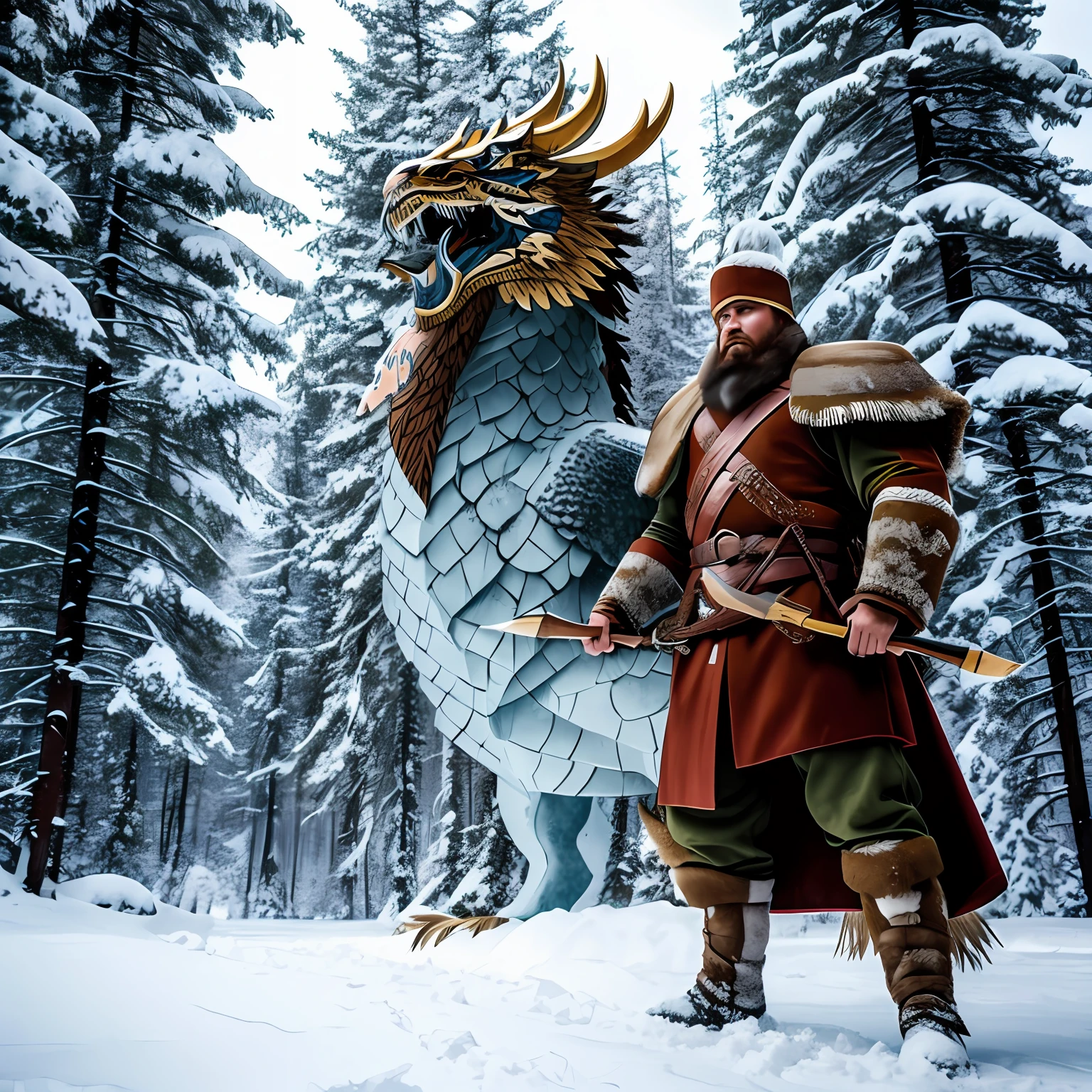 A Russian warrior in a snowy forest faces a majestic and imposing paper dragon.