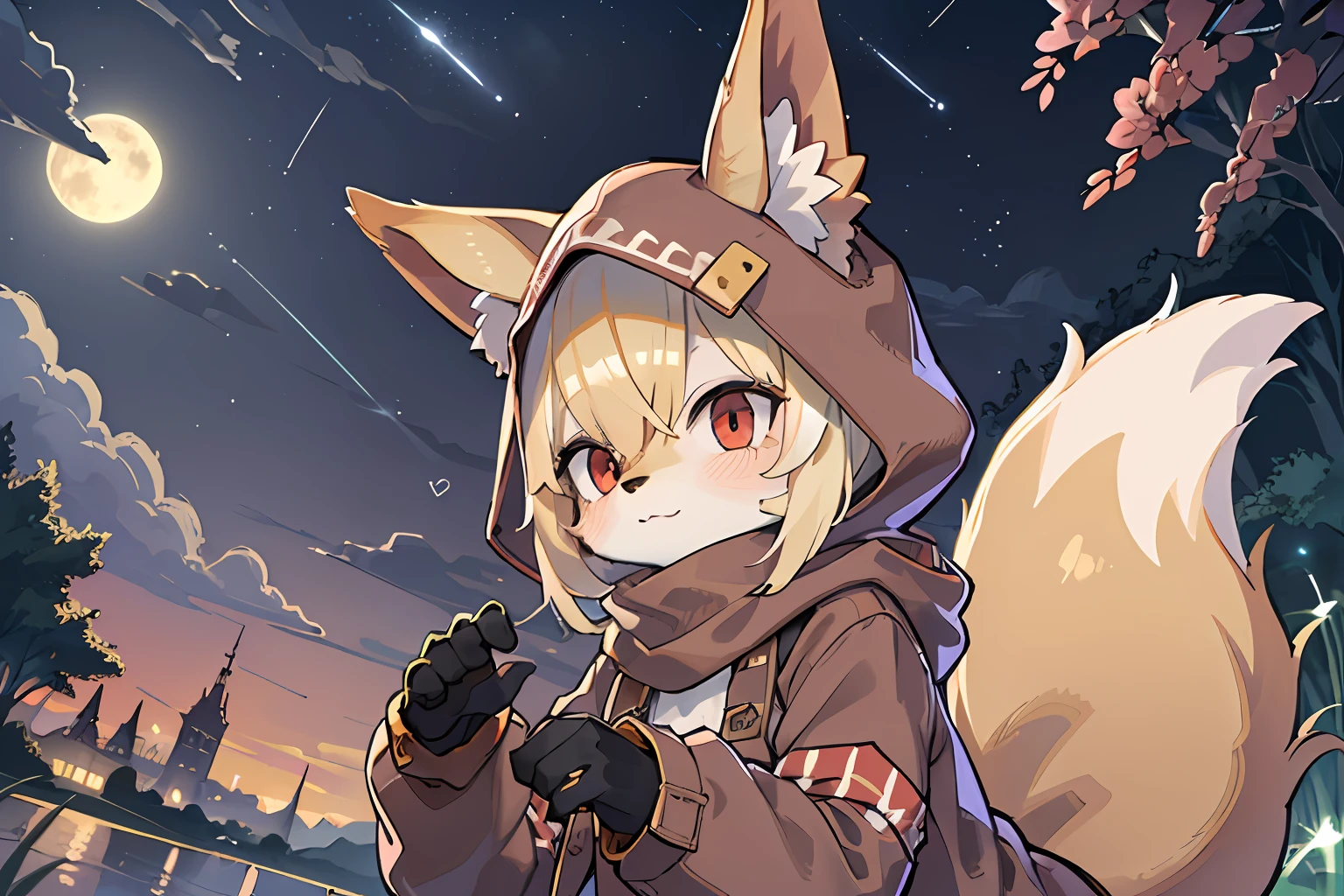 Fox Boy,Shota,hairy pubic,shaggy,Smoothes lashes,Skin fur,Golden fur,Short hair in men,Forelimb hands, solid circle eyes,Golden ears,Golden face fur , Short blonde hair,Red eyes,Super cute face,Brown elements on fur,Brown coat brown hood up,Star pattern T,Ambient light,Ultra-fine fur,volumettic light,Night,natural lightting,fox tails,A tail,nevando,Night,A sky full of stars,meteors,full moon,By the lake,crossed bangs, Hairline, Shiny hair,Empty eyes,35mm,sharp talons。High quality, high detal, Best quality, hyper HD, Dark brown gloves,Star pattern scarf,individual,Single