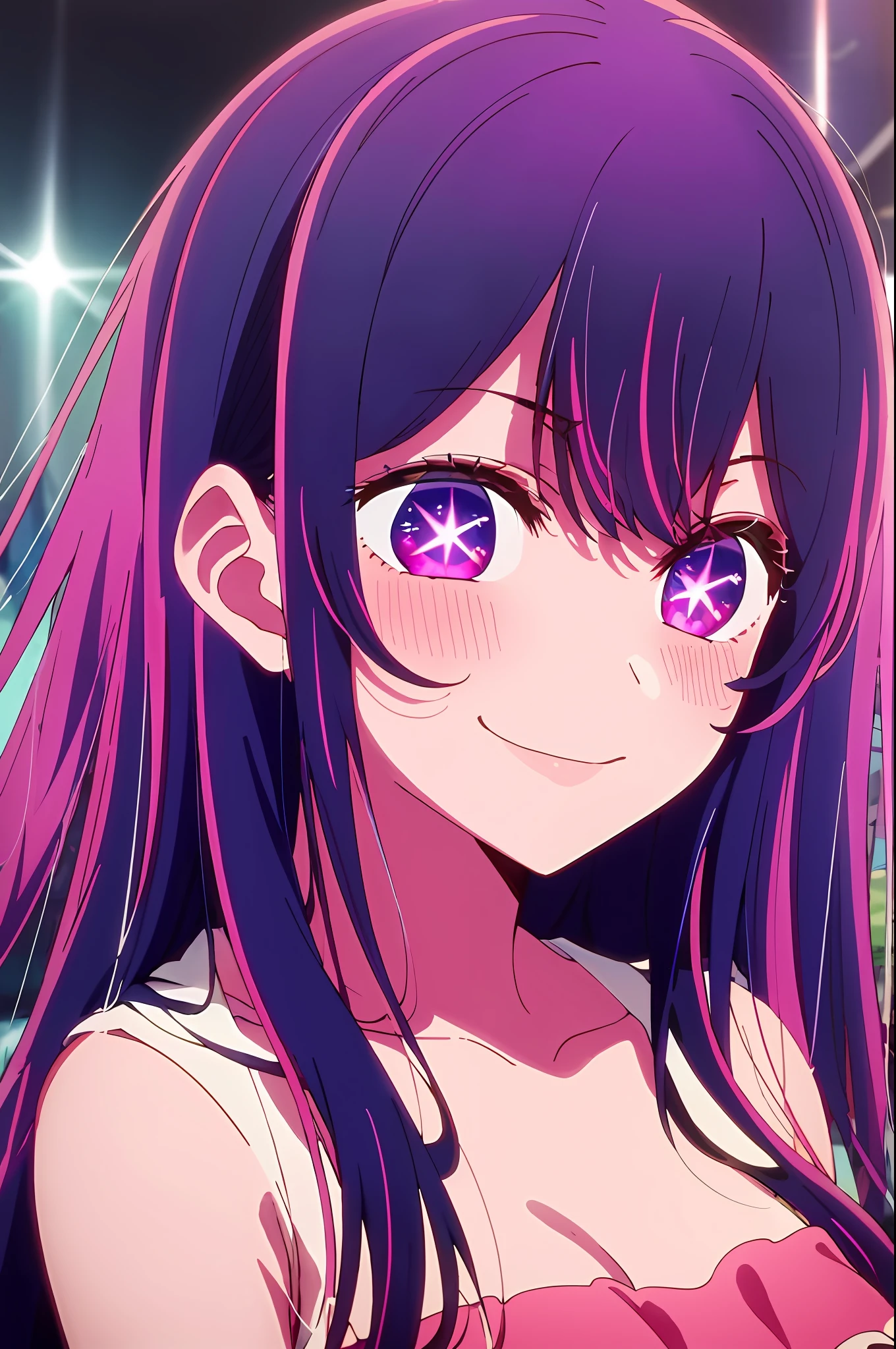 ​masterpiece、ighly detailed、(1 girl in:1.2)、purple color  hair、pink  dress、big eye、a closeup、a smile、8K 、Ai Hoshino、Live performance venue