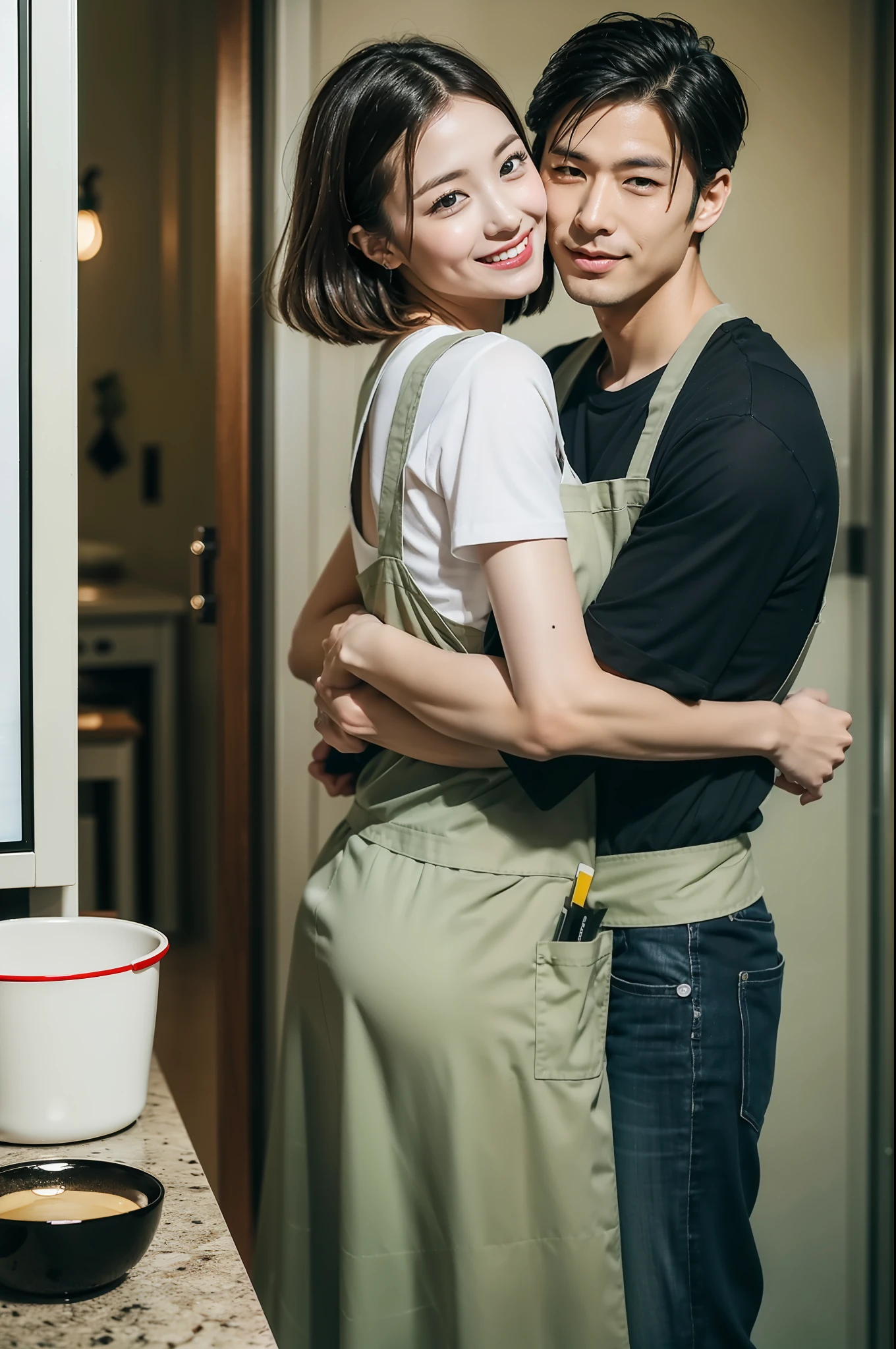 best qualtiy、​masterpiece、fidelity:1.3、超A high resolution、(Photorealsitic:1.4)、Couple hugging each other in the kitchen（Year difference couple、The woman is tall:1.5、Man is a boy）、1 Most Beautiful Mature Woman in Japan（Obscene big breasts:1.4、Wearing an apron、Bob Hair）、1 boy with a cute face（shortsleeves）The ultra -The high-definition