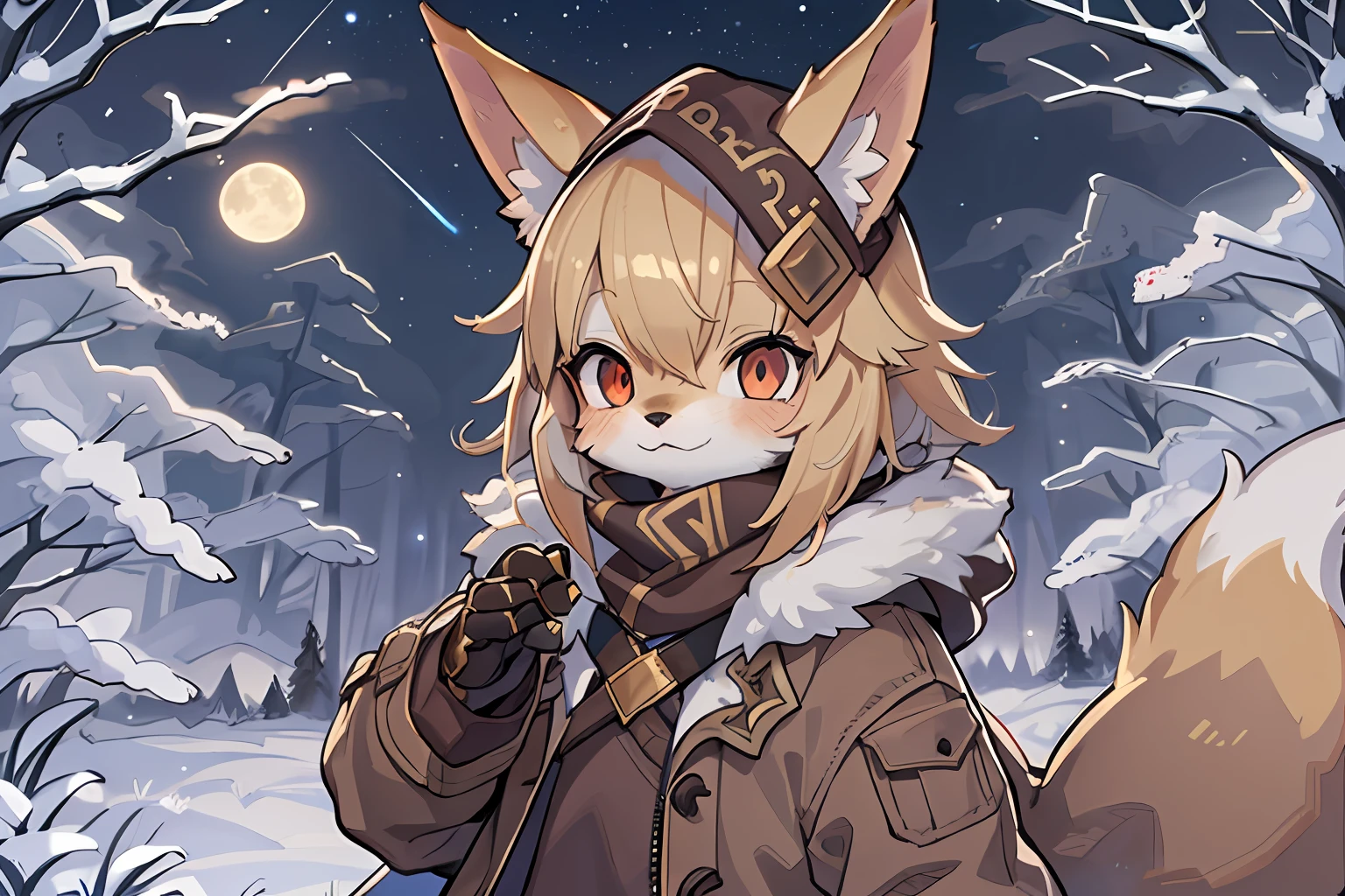 Fox Boy,Shota,hairy pubic,shaggy,Smoothes lashes,Skin fur,Golden fur,Short hair in men,Forelimb hands, solid circle eyes,Golden ears,Golden face fur , Short blonde hair,Red eyes,Super cute face,Brown elements on fur,Brown coat brown hood up,Star pattern T,Ambient light,Ultra-fine fur,volumettic light,Night,natural lightting,fox tails,A tail,nevando,Night,A sky full of stars,meteors,full moon,By the lake,crossed bangs, Hairline, Shiny hair,Empty eyes,35mm,sharp talons。High quality, high detal, Best quality, hyper HD, Dark brown gloves,Star pattern scarf,individual,Single