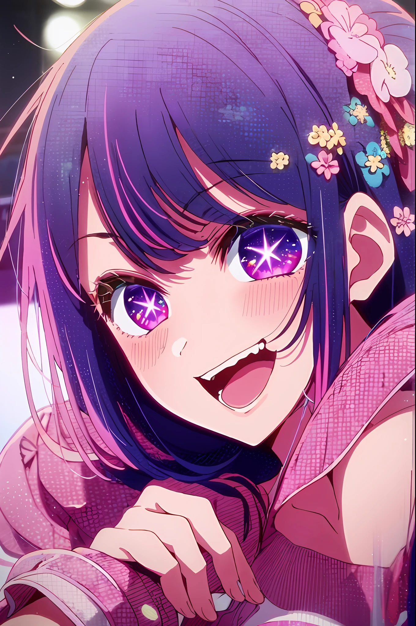 masterpiece、ighly detailed、(1 girl in:1.2)、purple color hair、pink dress、big eye、a closeup、a smile、8K 、Ai Hoshino、Live performance venue