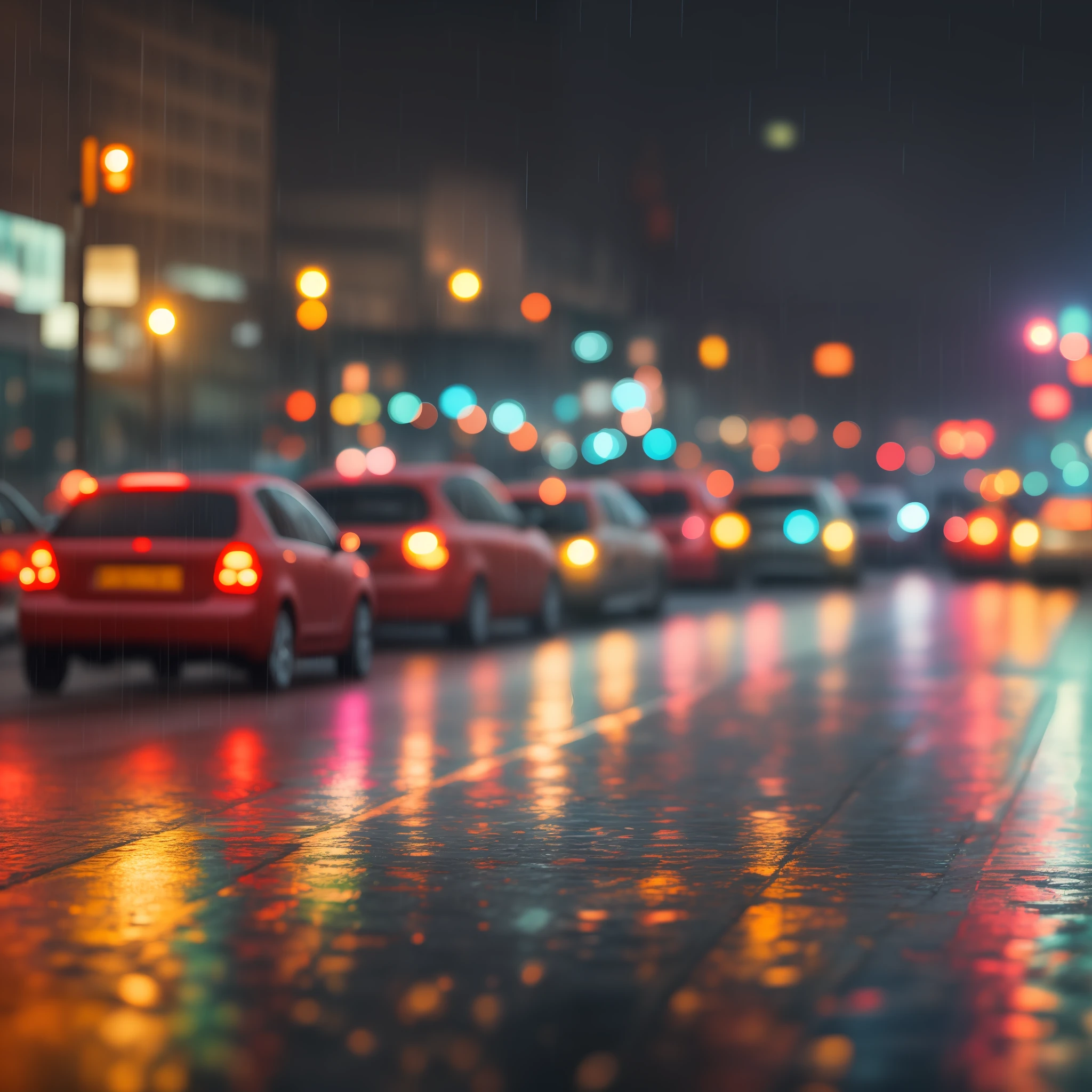 Photography style, street with many vehicles, blur background, rain, bokeh, colorful light, digitalpainting, masterpiece