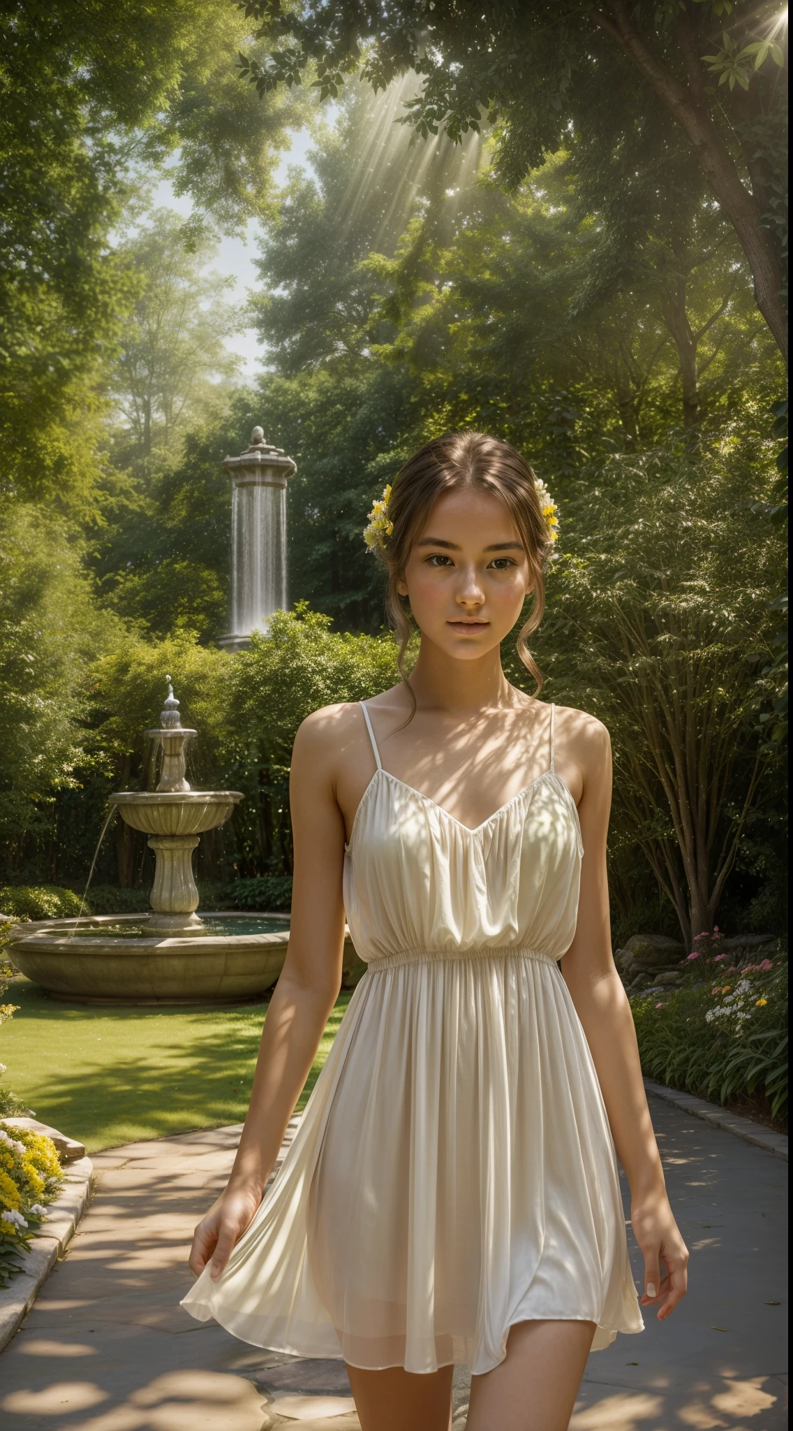 A young woman with a delicate expression, around 18 years of age, occupies the center of the image. She's dressed in an elegant, light fabric dress, possibly silk or chiffon, that dances in the breeze. The pastel shades of the dress highlight her youth and freshness. Her hair is loose, accentuated by the sun's rays filtering through the surrounding trees.
The image is set in an idyllic backdrop. Behind the young woman, a beautiful garden unfolds, brimming with flowers in hues of pink, white, and yellow. Beyond the flowers, large trees and verdant bushes adorn the landscape, creating an atmosphere of tranquility and beauty. The soft sunlight, shining through the leaves of the trees, casts a pattern of shadows on the scene, adding an ethereal quality to the image.
In this landscape, the young woman appears perfectly at ease, as if she were in her own piece of paradise. Her countenance is soft, almost dreamy, as if she's lost in pleasant thoughts. Her posture is graceful and relaxed, making her seem even more part of this serene and charming environment.
In the lower right corner of the image, a small stone fountain contributes to the scene with a pleasant and soothing sound of running water. This is an image of beauty, serenity, and youth, a perfect combination of a unique moment captured in time.