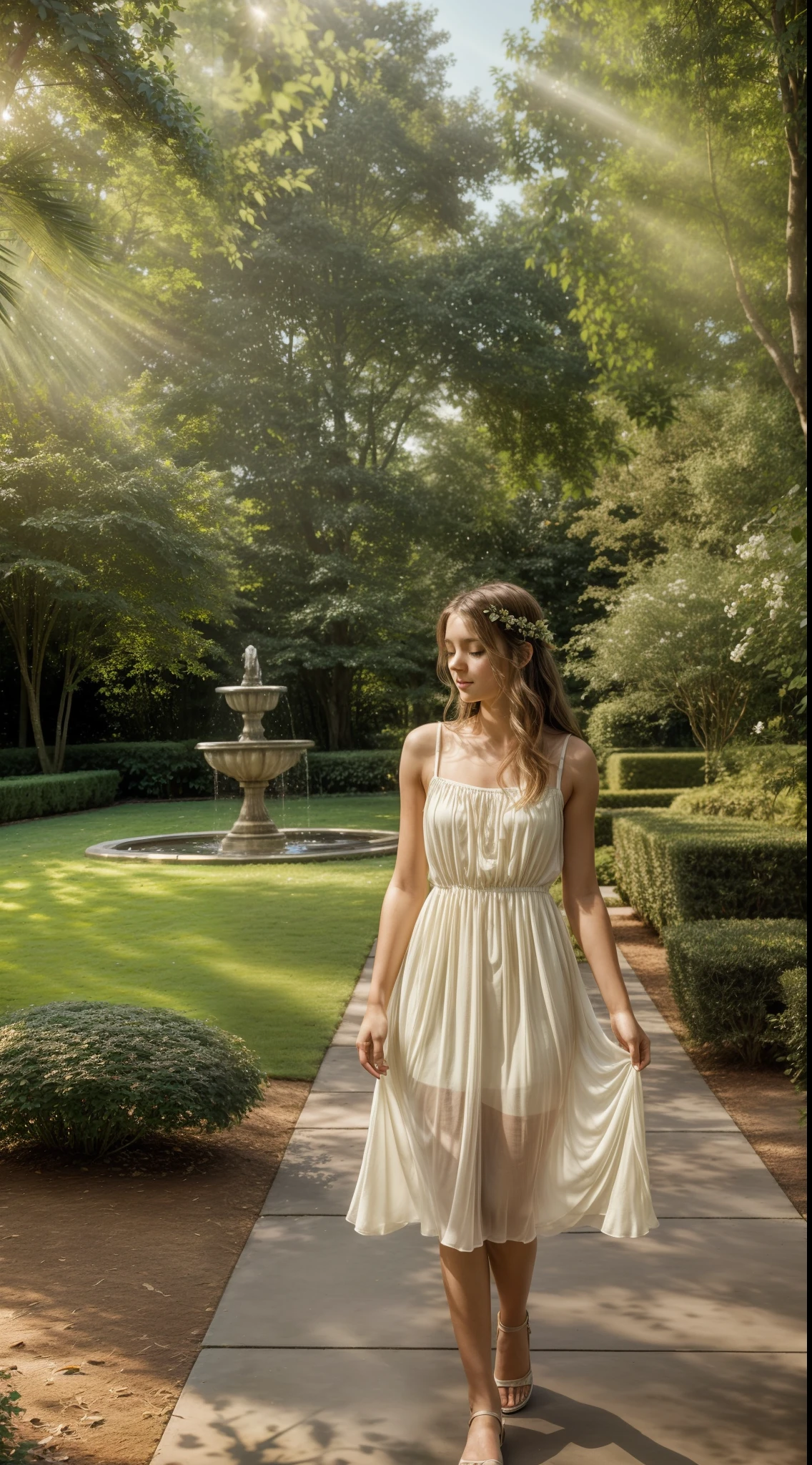 A young woman with a delicate expression, around 18 years of age, occupies the center of the image. She's dressed in an elegant, light fabric dress, possibly silk or chiffon, that dances in the breeze. The pastel shades of the dress highlight her youth and freshness. Her hair is loose, accentuated by the sun's rays filtering through the surrounding trees.
The image is set in an idyllic backdrop. Behind the young woman, a beautiful garden unfolds, brimming with flowers in hues of pink, white, and yellow. Beyond the flowers, large trees and verdant bushes adorn the landscape, creating an atmosphere of tranquility and beauty. The soft sunlight, shining through the leaves of the trees, casts a pattern of shadows on the scene, adding an ethereal quality to the image.
In this landscape, the young woman appears perfectly at ease, as if she were in her own piece of paradise. Her countenance is soft, almost dreamy, as if she's lost in pleasant thoughts. Her posture is graceful and relaxed, making her seem even more part of this serene and charming environment.
In the lower right corner of the image, a small stone fountain contributes to the scene with a pleasant and soothing sound of running water. This is an image of beauty, serenity, and youth, a perfect combination of a unique moment captured in time.